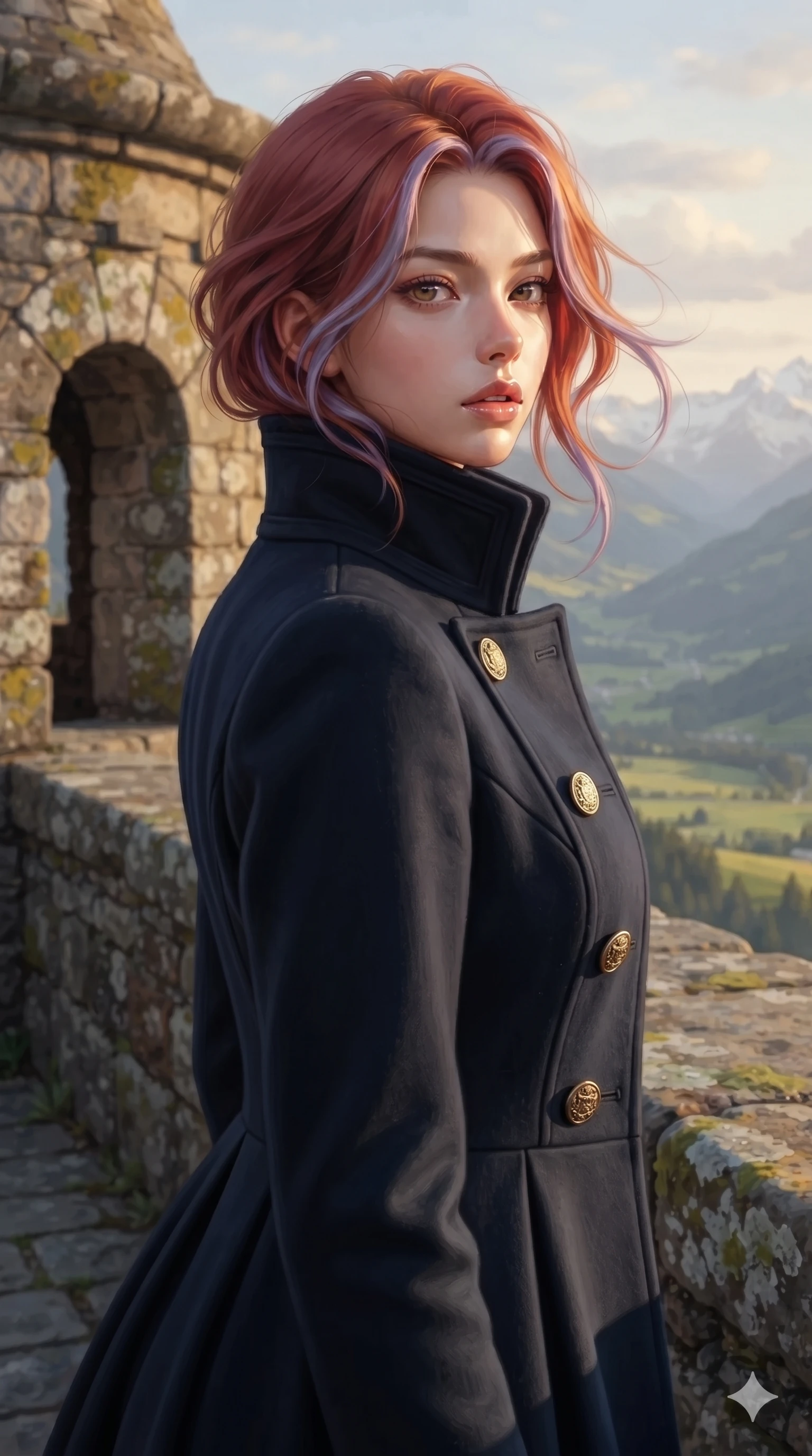 score_9, masterpiece, best quality, ultra-detailed, high-budget anime keyframe, editorial fashion photography, tasteful artistic composition, Caucasian woman. close-up cowboy shot from the waist and thighs up, the character dominates the composition, filling the frame with her large presence. posing in an alluring rear three-quarter angle, looking over a bare shoulder with parted glossy lips, her hips cocked back to highlight her slim hourglass curve while sitting poised on the ancient stone rampart with one knee bent, her long slender legs and statuesque 8.5-heads silhouette commanding the fortress. The composition keeps background elements in soft focus with creamy bokeh: windswept alpine highland air softened in high turret balcony shallow focus. She has an exceptionally elegant, slender, and willowy female figure with an ultra-slim waist, flat toned midriff, narrow ribcage, and sculpted feminine hips creating an alluring, slim hourglass silhouette without bulk. sharp v-shaped jawline, high-bridge nose, intricate jewel-like eyes with depth, thick eyelashes, glossy parted lips with a natural sheen, intensely captivating and seductive bedroom-eyes expression, flawlessly proportioned anatomical accuracy, strict slender model proportions, natural body alignment, perfectly sculpted long slender limbs, ultra-slim waistline, clean dynamic posture without body distortion. wearing a structured high-collar Victorian opera greatcoat in midnight navy wool with polished brass crest buttons in dark onyx black and molten platinum, tailored from heavy Italian silk mikado with an architectural structured drape, complemented by sheer opera-length evening gloves tracing her slender arms, the bespoke structured tailoring following the natural line of her 8.5-heads silhouette with refined elegance. sharp directional rim lights sculpting her sculpted collarbones, ultra-slim waist, and curvy hips. ultra-reflective glossy finish, specular highlights, rich textural contrasts, high-contrast stereoscopic depth, volumetric dynamic lighting, 2k, ultra detail, master piece, 9:16 ratio