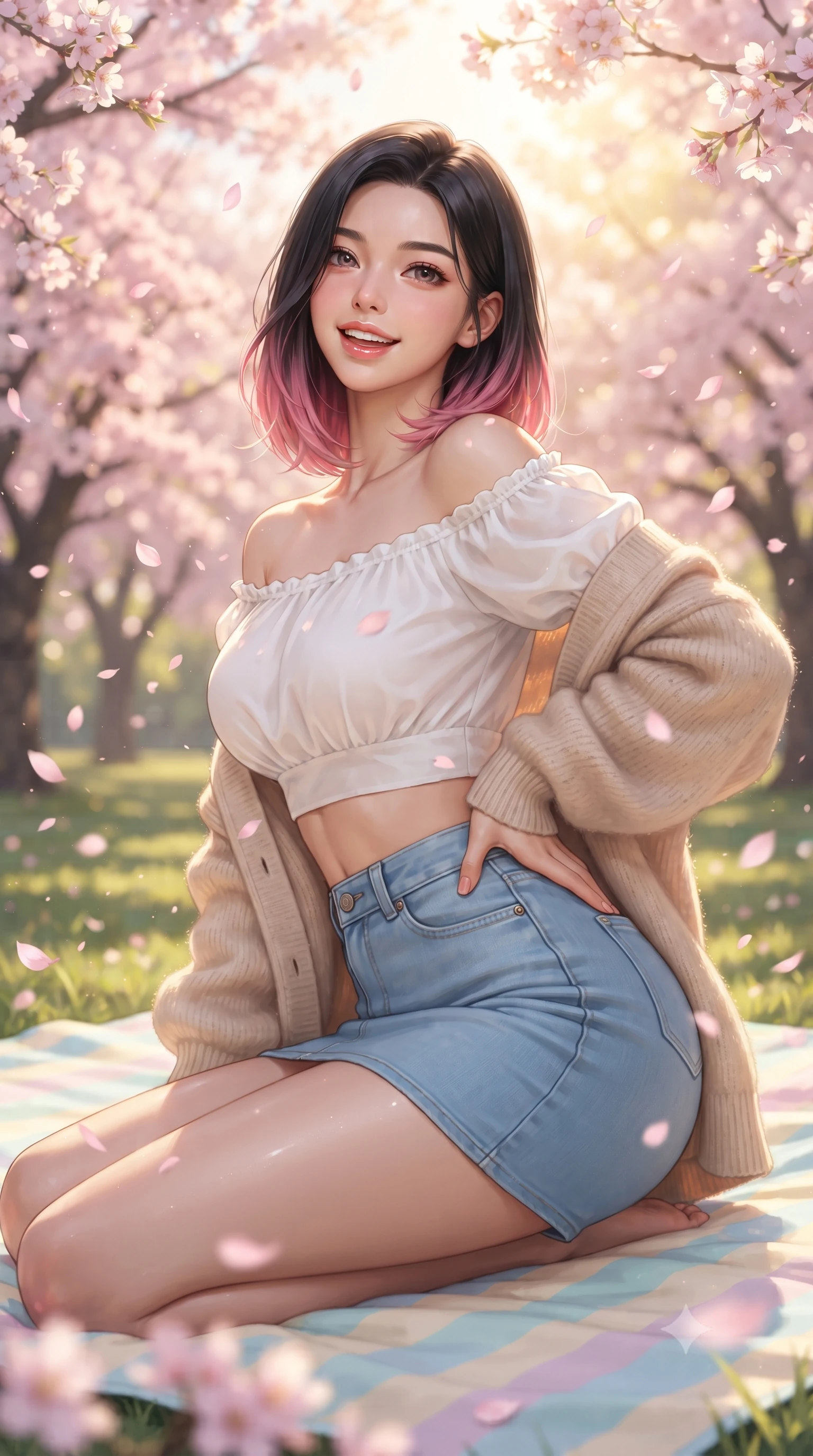 score_9, masterpiece, best quality, ultra-detailed, high-budget anime keyframe, editorial fashion photography, tasteful artistic composition, Korean woman. close-up cowboy shot from the waist and thighs up, the character dominates the composition, filling the frame with her large presence. twisting her slender torso in an alluring contrapposto stance, one hand resting on her sculpted hip while flashing a radiant, playful smile with parted glossy lips while sitting on a pastel picnic blanket on the sunlit green lawn, arching her back with a bright, delighted smile as pink sakura petals shower around her. The composition keeps background elements in soft focus with dreamy creamy bokeh. cascading pink cherry blossom canopies and sunlit green lawns blurred into soft sakura-pink, lime, and golden sunbeam bokeh. She has an exceptionally elegant, slender, and willowy female figure with an ultra-slim waist, flat toned midriff, narrow ribcage, and sculpted feminine hips creating an alluring, slim hourglass silhouette without bulk. sharp v-shaped jawline, high-bridge nose, intricate jewel-like sparkling eyes with depth, thick eyelashes, glossy parted lips with a natural peach sheen, bright cheerful beaming smile with an enchanting and coquettish sensual glint, exuding both youthful cute charm and seductive allure, flawlessly proportioned anatomical accuracy, strict slender model proportions, natural body alignment, perfectly sculpted long slender limbs, ultra-slim waistline, clean dynamic posture without body distortion. wearing an off-shoulder puff-sleeve crop blouse with a tight high-waisted denim A-line mini skirt emphasizing her curvy hips in soft baby blue and crisp cloud white, tailored from fine lightweight chiffon that flutters gently in the breeze, complemented by an oversized soft knit cardigan slipping off one bare shoulder, the form-contouring cut accentuating her sculpted flat midriff, narrow delicate ribcage, and gracefully curvy hips with supermodel precision. bathed in warm, golden spring morning sunlight streaming through flowering tree canopies. ultra-reflective glossy finish, specular highlights, rich textural contrasts, high-contrast stereoscopic depth, volumetric dynamic lighting, 2k, ultra detail, master piece, 9:16 ratio