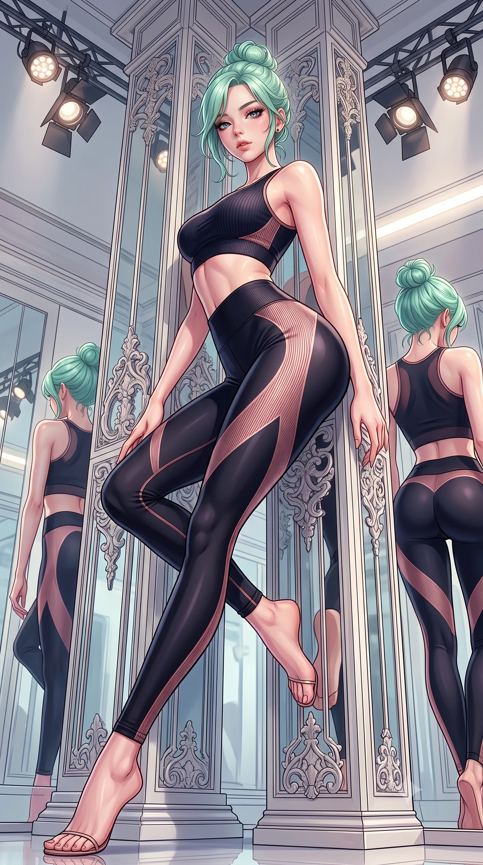 score_9, masterpiece, best quality, ultra-detailed, high-budget anime keyframe, semi-realistic 3D game render, editorial fashion photography, tasteful artistic composition, Japanese woman. low angle full-body shot from head to toe showing her feet, filling the entire 9:16 vertical frame with her statuesque presence, stretching her vertical silhouette. leaning deep against the structural architecture with hips cocked in an unapologetically bold, seductive high-fashion stance while executing an elegant mid-motion arabesque turn before the mirrors, the tight fabric sculpting her feminine hip contour with statuesque precision. The surrounding environment is rendered in vivid detail and crisp panoramic clarity. detailed muscle definition, fabric stretch tension lines, and studio spotlight fixtures in high clarity. She has an absolutely perfect, statuesque 8.5-heads proportion, an exceptionally tall and slender model-like female figure with impossibly long slender legs, a toned flat midriff, an ultra-slim waist, and beautifully sculpted feminine hips. sharp v-shaped jawline, high-bridge nose, intricate jewel-like eyes with depth, thick eyelashes, glossy parted lips with a natural sheen, intensely captivating and seductive bedroom-eyes expression, flawlessly proportioned anatomical accuracy, strict slender model proportions, natural body alignment, perfectly sculpted long slender limbs, ultra-slim waistline, clean dynamic posture without body distortion. wearing a seamless ribbed athletic crop top paired with ultra-high-waisted sculpting leggings accentuating her glutes in midnight obsidian black and rose gold, crafted from compression spandex sculpting her athletic hourglass lines, finished with high-cut leg elastic bands defining her long leg lines, the form-contouring material adhering flawlessly to her sculpted flat midriff and slender torso, emphasizing her long leg lines and perfectly proportioned willowy build. surrounded by a disciplined, sensual, and exquisitely graceful haute-couture dancer aura. highly saturated vibrant anime colors, detailed shading with soft gradients, rich glossy textures, high-contrast stereoscopic depth, volumetric dynamic lighting, master piece, 9:16 ratio