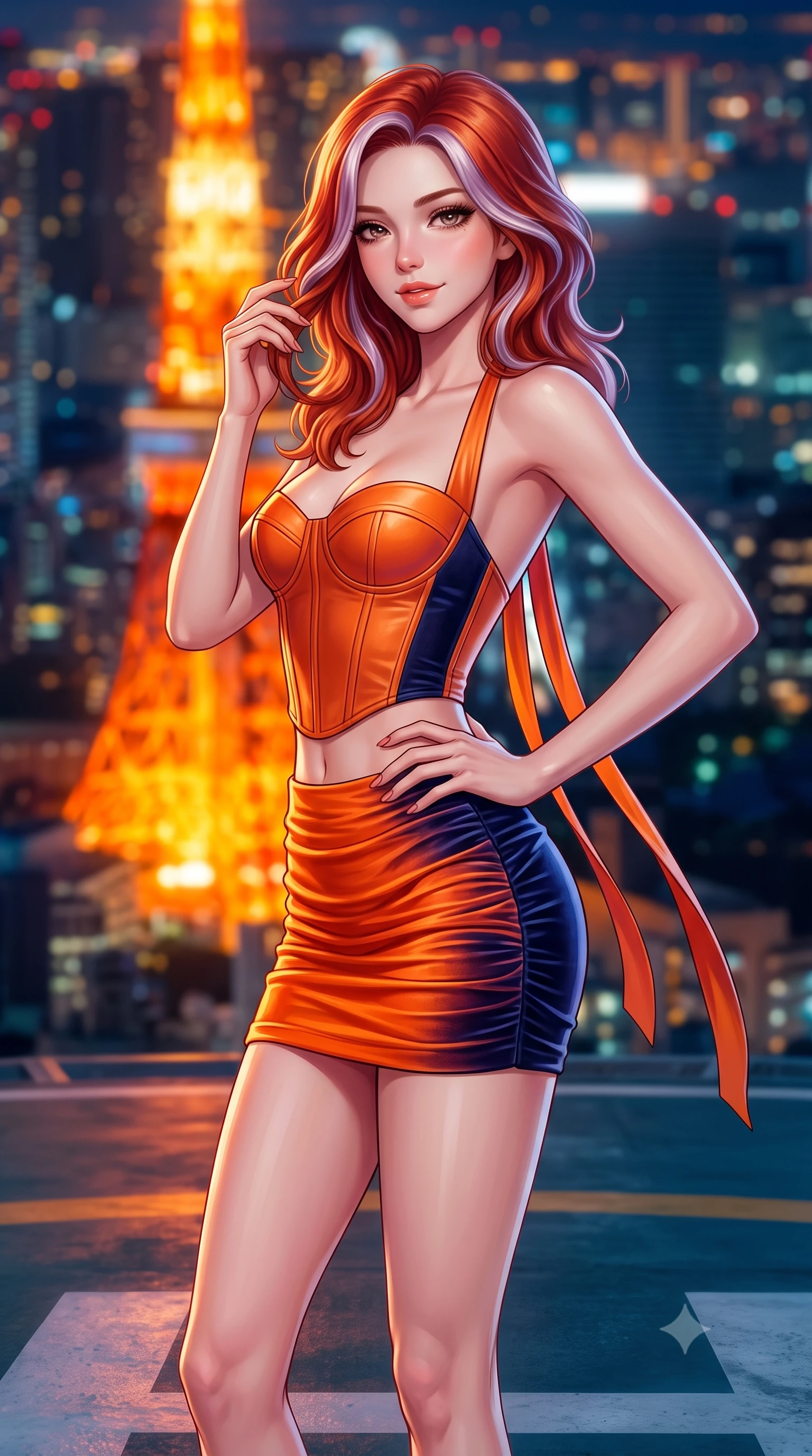 score_9, masterpiece, best quality, ultra-detailed, high-budget anime keyframe, semi-realistic 3D game render, editorial fashion photography, tasteful artistic composition, Caucasian woman. close-up cowboy shot from the waist and thighs up, the character dominates the composition, filling the frame with her large presence. twisting her slender torso in an alluring contrapposto stance, one hand resting on her sculpted hip while her fingers toy with her hair with effortless poise while standing tall on the giant painted rooftop helipad with hips cocked back, arching her spine with effortless supermodel poise against the red tower. The background shows a soft-focus the iconic glowing orange lattice of Tokyo Tower and endless city lights blurred into vibrant tangerine, gold, and sapphire bokeh. She has an exceptionally elegant, slender, and willowy female figure with an ultra-slim waist, flat toned midriff, narrow ribcage, and sculpted feminine hips creating an alluring, slim hourglass silhouette without bulk. sharp v-shaped jawline, high-bridge nose, sparkling eyes with hypnotic seductive depth, thick curled eyelashes, glossy parted lips with a natural dewy peach sheen, alluring bedroom-eyes with an enchanting coquettish smile, exuding magnetic siren charisma and sophisticated glamour, flawlessly proportioned anatomical accuracy, strict slender model proportions, natural body alignment, perfectly sculpted long slender limbs, ultra-slim waistline, clean dynamic posture without body distortion. wearing a structured boned leatherette corset top paired with an ultra-short ruched neon mini skirt in sunset tangerine orange and deep navy indigo, tailored from ultra-plush velvet with rich tactile depth and deep shadow gradients, finished with long silk ribbon ties fluttering down her bare spine from a backless halter, the liquid-tight tailored fabric clinging flawlessly to her narrow waist and rounded feminine hips, emphasizing every millimeter of her sculpted slim hourglass curves without any bulky heaviness. bathed in the warm orange radiance of Tokyo Tower mixed with cool metropolitan night ambient fill. highly saturated vibrant anime colors, detailed shading with soft gradients, rich glossy textures, high-contrast stereoscopic depth, volumetric dynamic lighting, master piece, 9:16 ratio