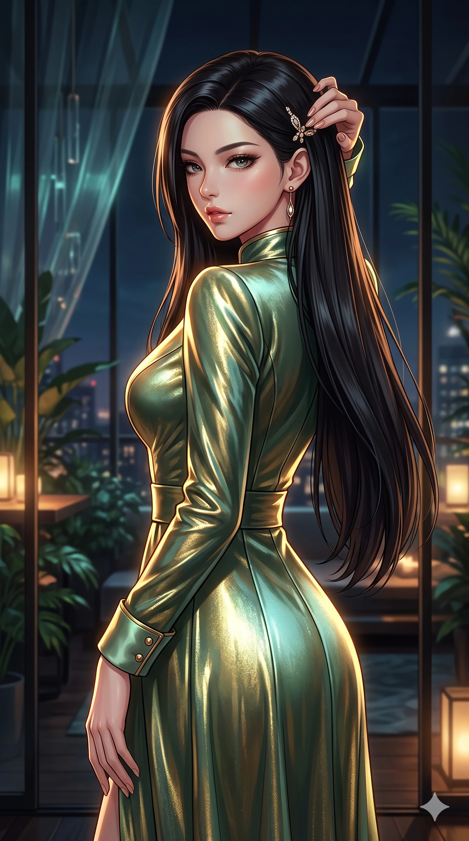 score_9, masterpiece, best quality, ultra-detailed, high-budget anime keyframe, semi-realistic 3D game render, editorial fashion photography, tasteful artistic composition, Korean woman. close-up cowboy shot from the waist and thighs up, the character dominates the composition, filling the frame with her large presence. posing in an alluring rear three-quarter angle, looking over a bare shoulder with parted glossy lips, her hips cocked back to highlight her slim hourglass curve while standing poised at the solarium entrance, arching her lower back with sovereign supermodel grace while adjusting her jeweled hair clasp. The background shows a soft-focus exclusive high-stakes solarium atmosphere softened in private penthouse lounge shallow focus. She has an exceptionally elegant, slender, and willowy female figure with an ultra-slim waist, flat toned midriff, narrow ribcage, and sculpted feminine hips creating an alluring, slim hourglass silhouette without bulk. sharp v-shaped jawline, high-bridge nose, intricate jewel-like sparkling eyes with depth, thick eyelashes, glossy parted lips with a natural sheen, intensely captivating and seductive bedroom-eyes expression, exuding both youthful cute charm and sovereign luxury allure, flawlessly proportioned anatomical accuracy, strict slender model proportions, natural body alignment, perfectly sculpted long slender limbs, ultra-slim waistline, clean dynamic posture without body distortion. wearing a tailored high-collar velvet evening coat dress with structural waist cinching and satin cuff accents in celadon jade and antique gold-leaf, crafted from luxurious metallic lamé that shifts radiance with every step, complemented by strappy stiletto sandals with metallic ankle wraps accentuating her slender calves, the bespoke structured tailoring following the natural line of her 8.5-heads silhouette with refined elegance. illuminated by polished table bounce and sharp emerald-amber rim lights defining her razor-sharp jawline, narrow waist, and curvy hips. highly saturated vibrant anime colors, detailed shading with soft gradients, rich glossy textures, high-contrast stereoscopic depth, volumetric dynamic lighting, master piece, 9:16 ratio