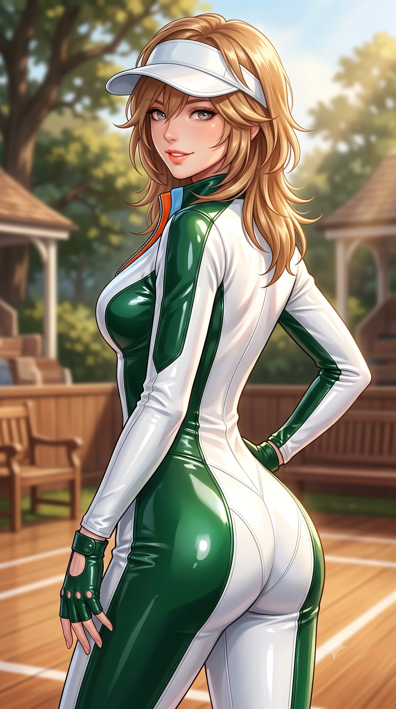 score_9, masterpiece, best quality, ultra-detailed, high-budget anime keyframe, semi-realistic 3D game render, editorial fashion photography, tasteful artistic composition, Japanese woman. close-up cowboy shot from the waist and thighs up, the character dominates the composition, filling the frame with her large presence. posing in an alluring rear three-quarter angle, turning over a bare shoulder with an intoxicating gaze, her hips cocked back to highlight her slim hourglass curve against the paddock lights while twisting her slender torso in an alluring contrapposto stance, English summer sunbeams highlighting her crisp white tennis fit and curvy hips. The background shows a soft-focus classic wooden court seating and members' club pavilions softened in historic British country club shallow focus. She has an exceptionally elegant, slender, and willowy female figure with an ultra-slim waist, flat toned midriff, narrow ribcage, and sculpted feminine hips creating an alluring, slim hourglass silhouette without bulk. sharp v-shaped jawline, high-bridge nose, sparkling eyes with athletic focus and depth, thick curled eyelashes, glossy parted lips with a natural coral-peach sheen, bright confident and coquettish smile with alluring bedroom-eyes, exuding both youthful sporty vigor and sovereign high-society glamour, flawlessly proportioned anatomical accuracy, strict slender model proportions, natural body alignment, perfectly sculpted long slender limbs, ultra-slim waistline, clean dynamic posture without body distortion. wearing an ultra-tight form-contouring racing leather catsuit in two-tone white and British racing green with a deep-plunging zip neck in vintage Porsche Gulf blue and vibrant race orange, made of high-gloss reflective patent leather with mirror-like specular highlights, accented with a sporty retro tennis visor and fingerless leather driving gloves, the form-fitting tailored bodice adhering flawlessly to her sculpted flat midriff and slender torso, emphasizing her long leg lines and perfectly proportioned willowy build. bathed in soft warm English afternoon sunlight filtering through stately oak trees. highly saturated vibrant anime colors, detailed shading with soft gradients, rich glossy textures, high-contrast stereoscopic depth, volumetric dynamic lighting, master piece, 9:16 ratio