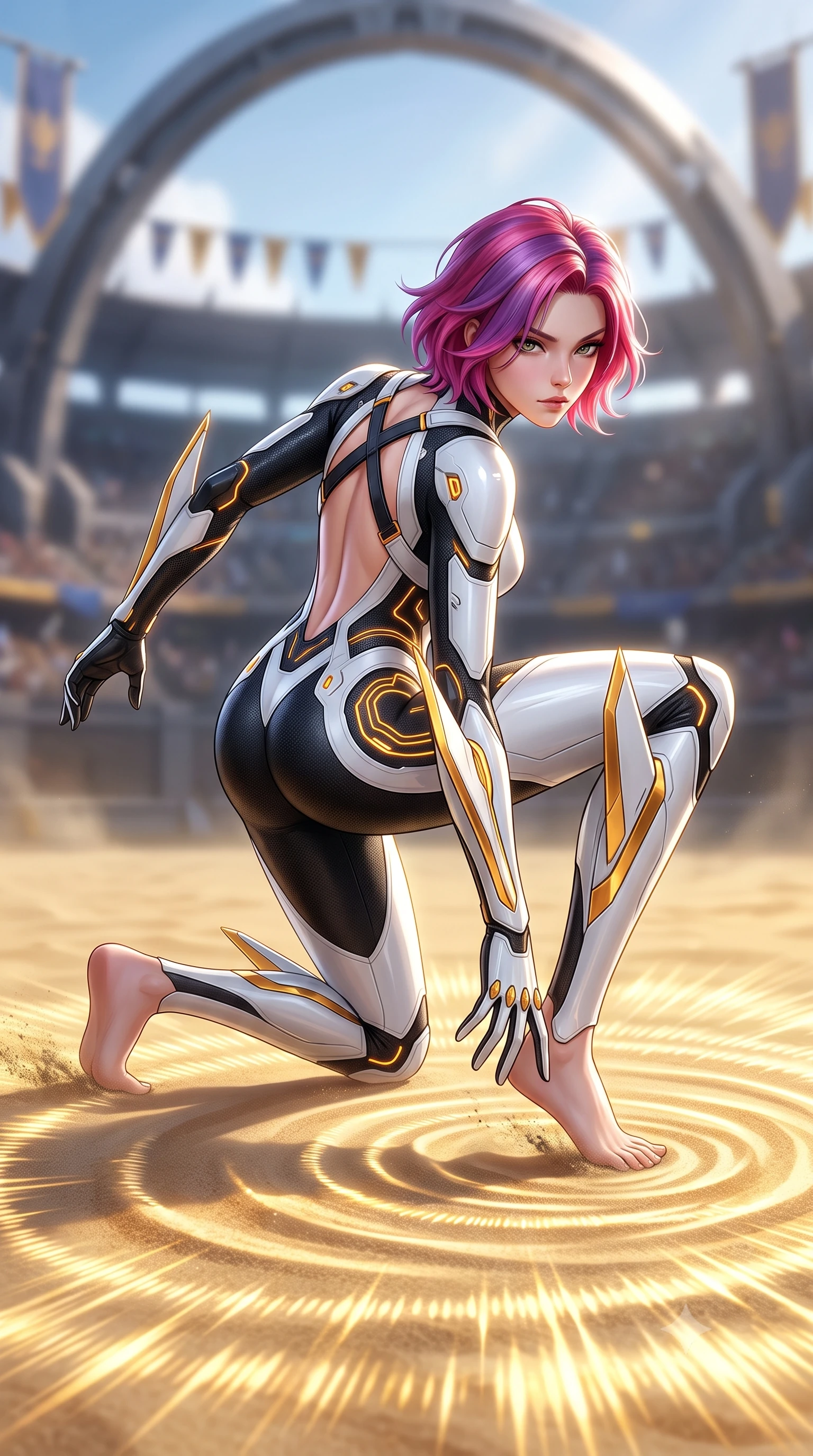 score_9, masterpiece, best quality, ultra-detailed, high-budget anime keyframe, semi-realistic 3D game render, editorial fashion photography, tasteful artistic composition, Caucasian woman. low angle full-body shot from head to toe showing her feet, filling the entire 9:16 vertical frame with her statuesque presence, stretching her vertical silhouette. landing gracefully from a high-altitude leap on one knee and palm, her statuesque silhouette framed by radial shockwave ripples in the ground while pivoting dynamically as her heel strikes the arena ground, sending a shockwave ripple through the sunlit golden sand. The composition keeps background elements in soft focus with creamy bokeh. massive arena titanium arches and banner pennants softened in dramatic shallow depth of field. She has an absolutely perfect, statuesque 8.5-heads proportion, an exceptionally tall and slender model-like female figure with impossibly long slender legs, a toned flat midriff, and an ultra-slim waist. sharp v-shaped jawline, high-bridge nose, intricate jewel-like eyes with depth, thick eyelashes, glossy lips with a natural sheen, flawlessly proportioned anatomical accuracy, strict slender model proportions, natural body alignment, perfectly sculpted long slender limbs, ultra-slim waistline, clean dynamic posture without body distortion. wearing a high-contrast monochrome white-and-black carbon-composite exoskeleton suit with glowing amber circuitry and aerodynamic limb fins in arctic white carbon composite with radiant solar gold plating, made of lightweight aerodynamic carbon-titanium alloy with polished edge bevels, complemented by criss-cross back harness straps highlighting her completely bare spine, the glove-like aerodynamic second-skin fit tightly clinging to her ultra-slender waist and athletic curves without adding bulk, accentuating her razor-sharp statuesque lines and slim hourglass silhouette. illuminated by crisp white key lighting with sharp specular highlights tracing her ultra-slim waist and long legs. rich saturated anime colors with glowing neon highlights, detailed shading with soft gradients, rich glossy textures, high-contrast stereoscopic depth, volumetric dynamic lighting, master piece, 9:16 ratio