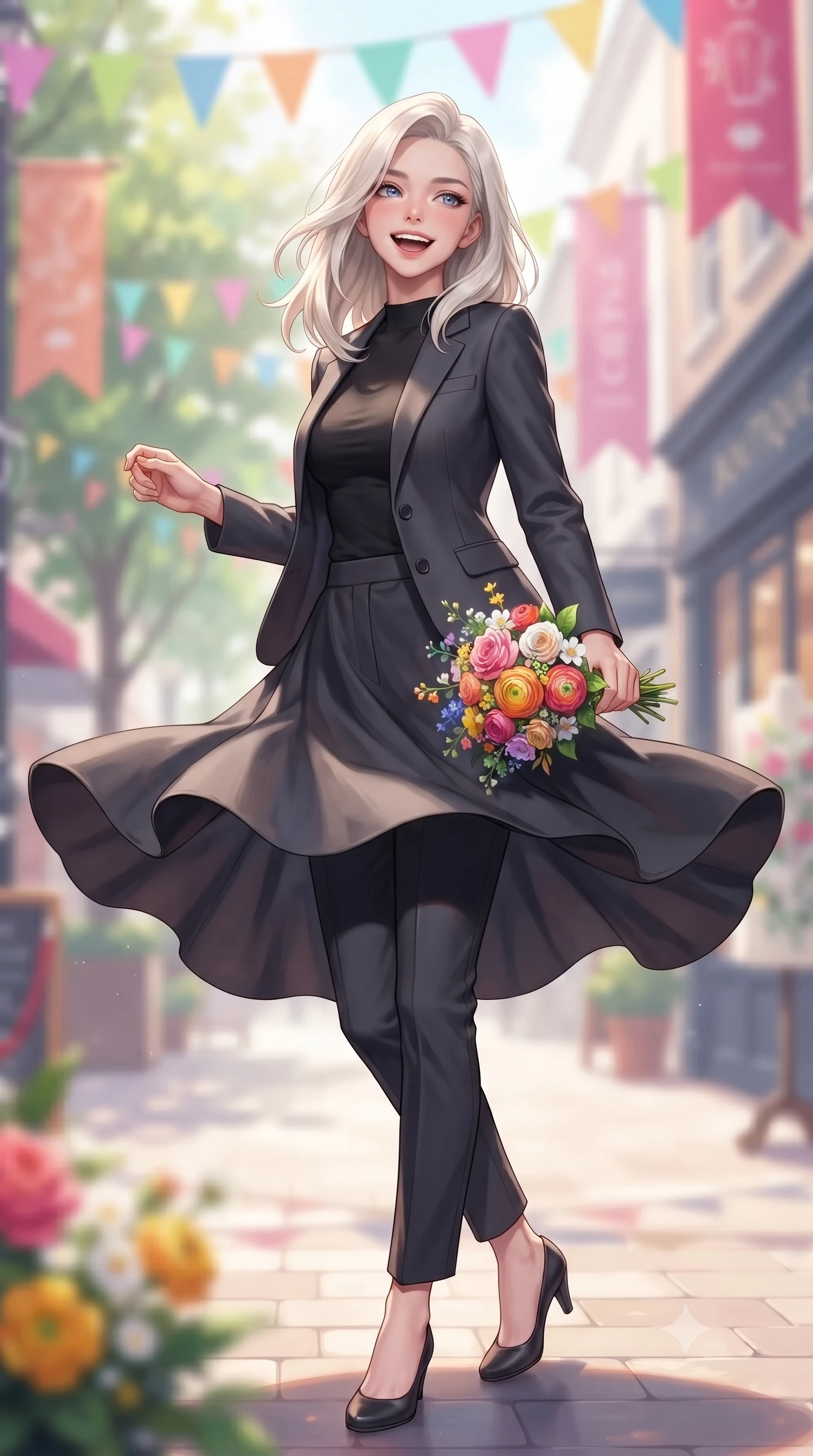 score_9, masterpiece, best quality, ultra-detailed, high-budget anime keyframe, editorial fashion photography, tasteful artistic composition, Caucasian woman. low angle full-body shot from head to toe showing her feet, filling the entire 9:16 vertical frame with her statuesque presence, stretching her vertical silhouette. twirling around with a playful, cute laugh, her skirt billowing beautifully in the air set against a soft-focus background of walking down a pedestrian shopping boulevard with colorful flags overhead holding a small bouquet of fresh flowers bought from a street vendor. She has an absolutely perfect, statuesque 8.5-heads proportion, an exceptionally tall and slender model-like female figure with impossibly long slender legs and an ultra-slim waist. sharp v-shaped jawline, high-bridge nose, intricate jewel-like eyes with depth, thick eyelashes, glossy lips with a natural sheen. wearing form-contouring tight-fitting tailored blazer in charcoal, closed over a body-hugging black top and slim trousers. dappled sunlight filtering through the street trees, casting soft shadows. highly saturated vibrant anime colors, detailed shading with soft gradients, rich glossy textures, high-contrast stereoscopic depth, volumetric dynamic lighting, master piece, 9:16 ratio