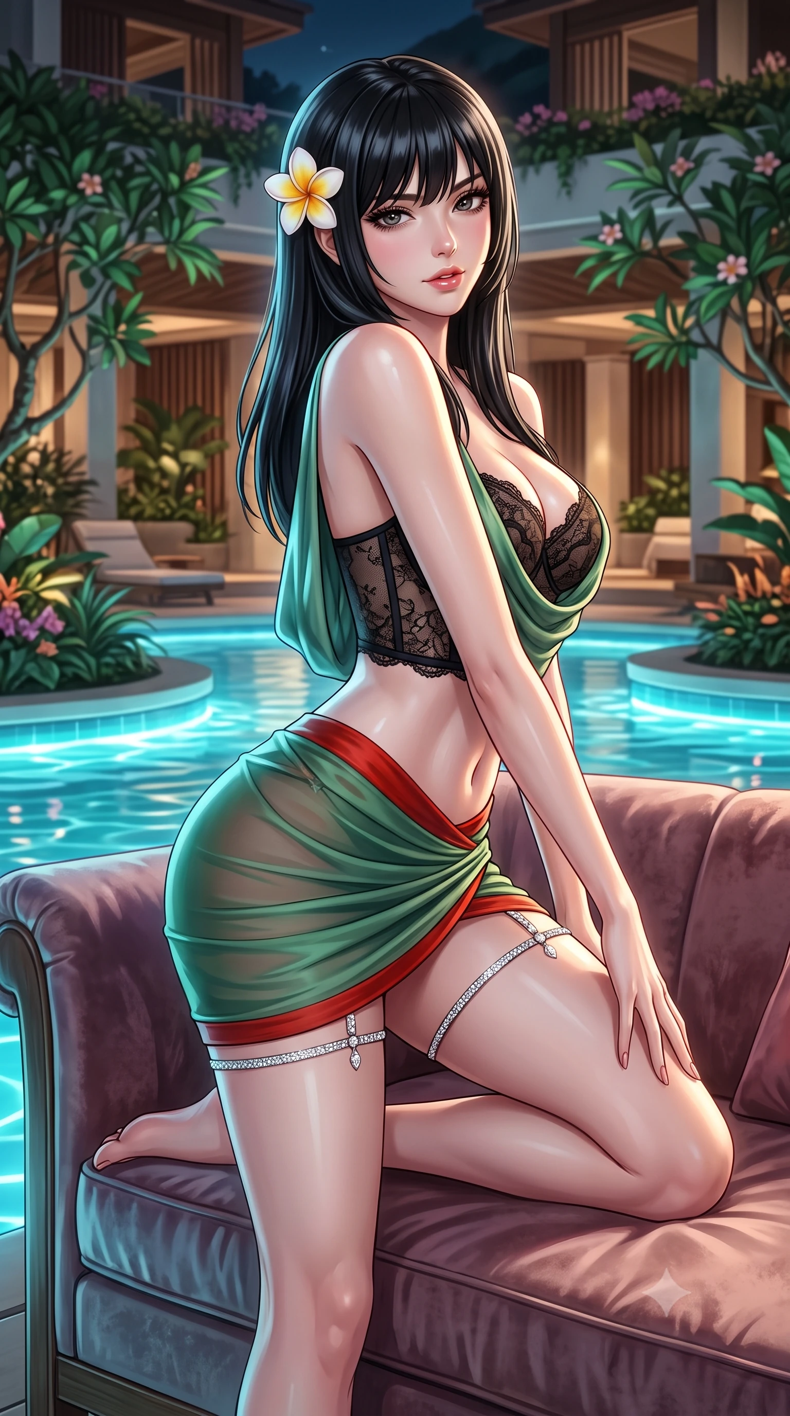 score_9, masterpiece, best quality, ultra-detailed, high-budget anime keyframe, semi-realistic 3D game render, editorial fashion photography, tasteful artistic composition, Caucasian woman. close-up cowboy shot from the waist and thighs up, the character dominates the composition, filling the frame with her large presence. perched sideways on the lounge seat, one knee drawn up to showcase her slender leg line while her arched back accentuates her feminine hip curve while twisting her slender torso in an alluring S-curve, glowing submerged thermal lights and moonbeams tracing her flat midriff and curvy hips. The surrounding environment is rendered in vivid detail and crisp panoramic clarity: detailed plunging cowl-neck liquid silk slip gown cling, frangipani flower tucked behind ear, and organic resort landscaping in high resolution. She has an exceptionally elegant, slender, and willowy female figure with an ultra-slim waist, flat toned midriff, narrow ribcage, and sculpted feminine hips creating an alluring, slim hourglass silhouette without bulk. sharp v-shaped jawline, high-bridge nose, sparkling eyes with hypnotic seductive depth, thick curled eyelashes, glossy parted lips with a natural dewy peach sheen, alluring bedroom-eyes with an enchanting coquettish smile, exuding magnetic siren charisma and sophisticated glamour, flawlessly proportioned anatomical accuracy, strict slender model proportions, natural body alignment, perfectly sculpted long slender limbs, ultra-slim waistline, clean dynamic posture without body distortion. wearing a sculpted underwire demi-bustier in semi-sheer lace paired with an ultra-short draped tulip skirt in Kyoto bamboo jade and lacquer vermilion, made of semi-opaque stretch illusion mesh with soft shadowy contours, finished with delicate crystal-encrusted thigh garter straps glinting in the dim light, the form-contouring silhouette accentuating her sculpted flat midriff, narrow delicate ribcage, and gracefully curvy hips with intoxicating allure. illuminated by spring water specular reflections and sharp platinum-turquoise rim lights sculpting her jawline, flat midriff, and curvy hips. highly saturated vibrant anime colors, detailed shading with soft gradients, rich glossy textures, high-contrast stereoscopic depth, volumetric dynamic lighting, master piece, 9:16 ratio