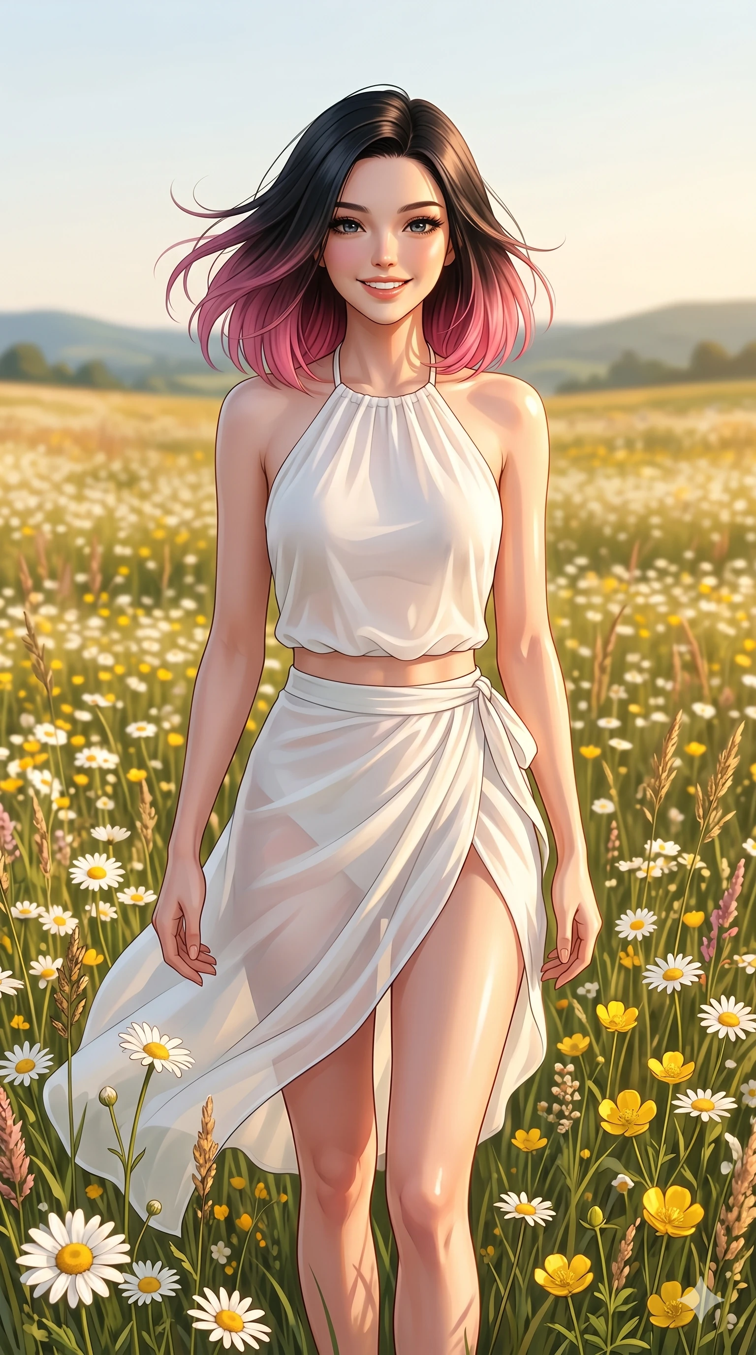score_9, masterpiece, best quality, ultra-detailed, high-budget anime keyframe, editorial fashion photography, tasteful artistic composition, Korean woman. cowboy shot from the thighs up, character and outfit filling the frame for maximum editorial presence. smiling radiantly at the camera, her hair blowing gently in the warm breeze in the middle of a vast, sunny wildflower meadow filled with daisies and yellow buttercups. She has an absolutely perfect 8-heads proportion, an exceptionally tall and slender female figure with impossibly long slender legs and an ultra-slim waist. V-shaped jawline, high-bridge nose, intricate jewel-like eyes with depth, thick eyelashes, glossy lips with a natural sheen. wearing a lightweight white chiffon halter top and a matching wrap skirt with a high side slit. bathed in warm, golden afternoon sunbeams that create soft specular highlights on her skin. 2k, ultra detail, master piece, 9:16 ratio