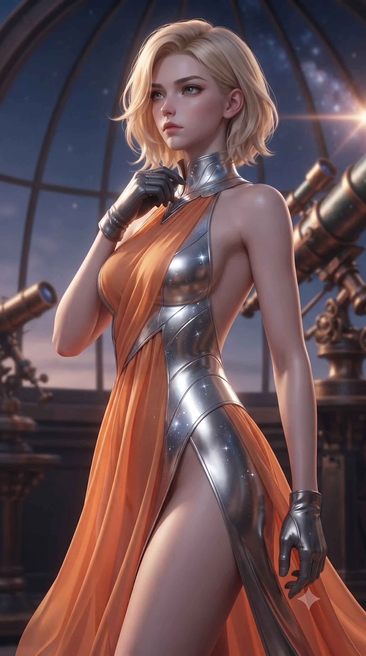 score_9, masterpiece, best quality, ultra-detailed, high-budget anime keyframe, editorial fashion photography, tasteful artistic composition, Caucasian woman. close-up cowboy shot from the waist and thighs up, the character dominates the composition, filling the frame with her large presence, background elements kept in soft focus. adjusting the high collar of her body-hugging suit, looking past the camera with quiet, sharp focus and a composed expression, the background shows a soft-focus an observatory tower with bronze telescopes mapping cosmic flares. She has an exceptionally elegant, slender, and willowy female figure with an ultra-slim waist, a gracefully sculpted slender torso, and a refined silhouette. sharp v-shaped jawline, high-bridge nose, intricate jewel-like eyes with depth, thick eyelashes, glossy lips with a natural sheen. wearing a form-contouring high-slit space combat gown in sunset orange chiffon, featuring a daring thigh-slit and an open-back design. cool silver starlight wrapping her statuesque posture in a solemn mood. ultra-reflective glossy finish, specular highlights, metallic sheen, high-contrast stereoscopic depth, volumetric dynamic lighting, 2k, ultra detail, master piece, 9:16 ratio