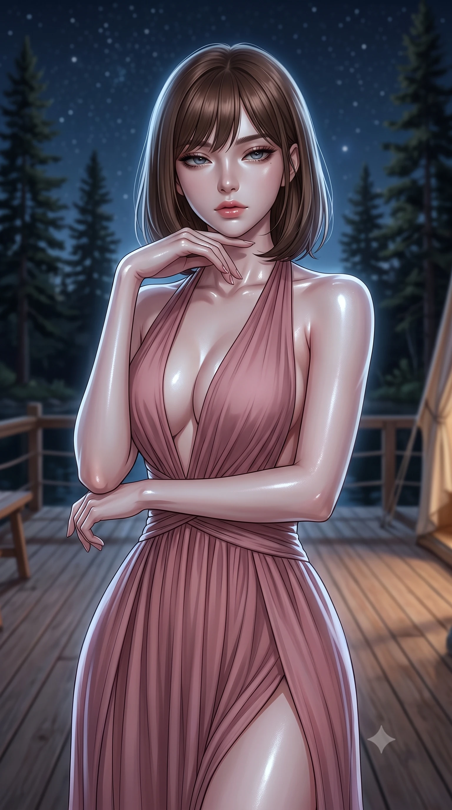 score_9, masterpiece, best quality, ultra-detailed, high-budget anime keyframe, editorial fashion photography, tasteful artistic composition, Korean woman. close-up cowboy shot from the waist and thighs up, the character dominates the composition, filling the frame with her large presence, background elements kept in soft focus. resting her chin on the backs of her fingers, casting a heavy-lidded, sultry look past the camera the background shows a soft-focus a wooden deck of a lakeside glamping site under a starry night sky and tall trees. She has an exceptionally elegant, slender, and willowy female figure with an ultra-slim waist, a gracefully sculpted slender torso, and a refined silhouette. sharp v-shaped jawline, high-bridge nose, intricate jewel-like eyes with depth, thick eyelashes, glossy lips with a natural sheen. wearing a form-contouring deep plunging-V neck maxi dress in dusty rose chiffon with a bold halter neck and low-cut back. soft silver moonlight wrapping her silhouette in a cool cosmic glow. ultra-reflective glossy finish, specular highlights, metallic sheen, high-contrast stereoscopic depth, volumetric dynamic lighting, 2k, ultra detail, master piece, 9:16 ratio