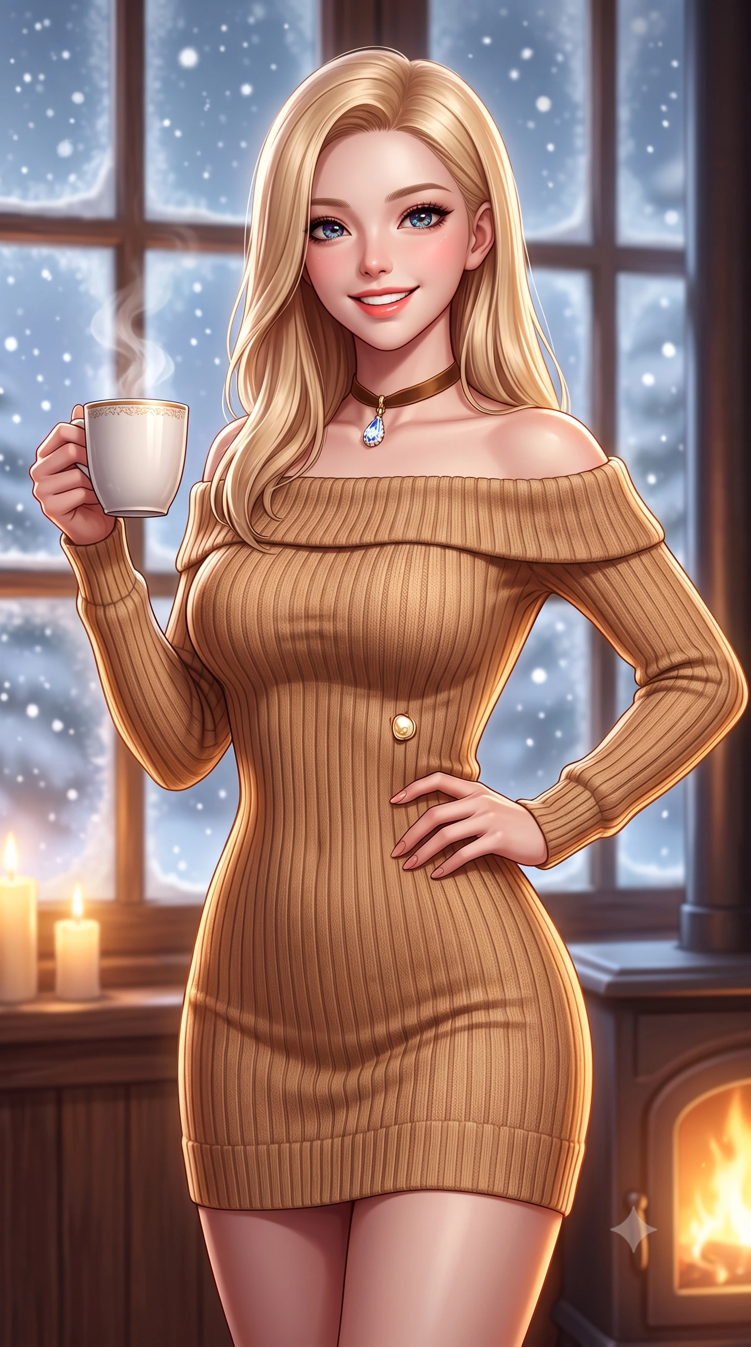 score_9, masterpiece, best quality, ultra-detailed, high-budget anime keyframe, semi-realistic 3D game render, editorial fashion photography, tasteful artistic composition, Korean woman. close-up cowboy shot from the waist and thighs up, the character dominates the composition, filling the frame with her large presence. standing poised with hips cocked slightly to the side, one hand tracing her cinched waistline while casting an affectionate warm glance while walking toward the frosted timber window with a steaming porcelain mug, looking out at the falling snowflakes with wonder. The background shows a soft-focus softly falling snowflakes outside frosted panes softened in intimate alpine winter hideaway shallow focus. She has an exceptionally elegant, slender, and willowy female figure with an ultra-slim waist, flat toned midriff, narrow ribcage, and sculpted feminine hips creating an alluring, slim hourglass silhouette without bulk. sharp v-shaped jawline, high-bridge nose, intricate jewel-like sparkling eyes with depth, thick eyelashes, glossy parted lips with a natural peach sheen, bright cheerful beaming smile with an enchanting and coquettish sensual glint, exuding both youthful cute charm and seductive allure, flawlessly proportioned anatomical accuracy, strict slender model proportions, natural body alignment, perfectly sculpted long slender limbs, ultra-slim waistline, clean dynamic posture without body distortion. wearing a snug off-the-shoulder thick ribbed knit sweater dress in warm camel clinging to her hourglass contours in gilded ivory pearl and rich obsidian, made of high-gauge compact silk knit that hugs her curves with seamless sculpted precision, finished with a narrow velvet neck ribbon and a sparkling teardrop crystal pendant, the form-contouring silhouette accentuating her sculpted flat midriff, narrow delicate ribcage, and gracefully curvy hips with intoxicating allure. bathed in cozy 2700K warm ambient candlelight and soft porcelain stove radiance combined with cool winter window light. highly saturated vibrant anime colors, detailed shading with soft gradients, rich glossy textures, high-contrast stereoscopic depth, volumetric dynamic lighting, master piece, 9:16 ratio