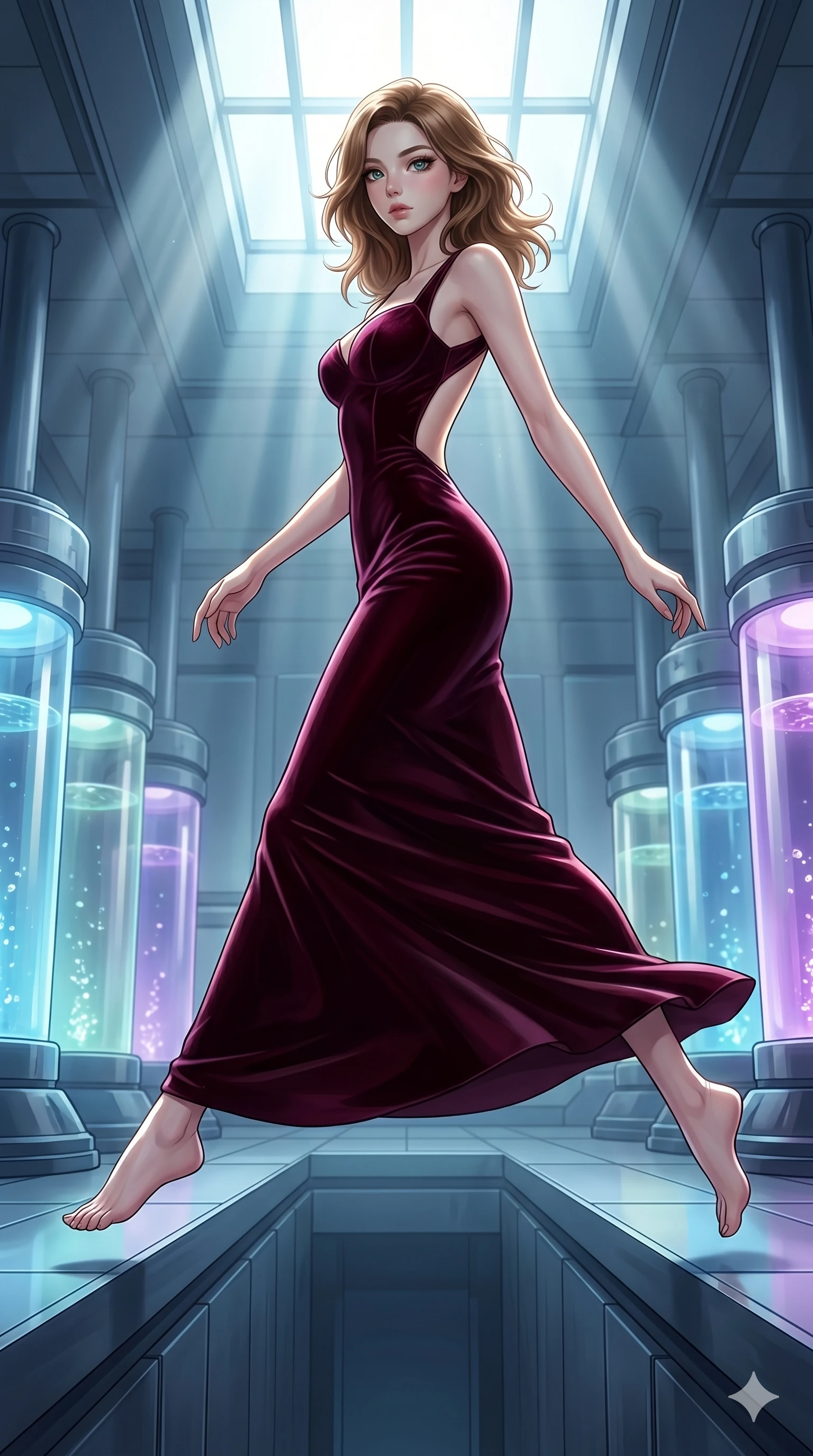 score_9, masterpiece, best quality, ultra-detailed, high-budget anime keyframe, editorial fashion photography, tasteful artistic composition, Korean woman. low angle full-body shot from head to toe showing her feet, filling the entire 9:16 vertical frame with her statuesque presence, stretching her vertical silhouette. Leaping gracefully across a gap, her body fully extended in a horizontal line of motion inside a futuristic laboratory with rows of glass tubes containing glowing liquids. She has an absolutely perfect 8-heads proportion, an exceptionally tall and slender female figure with impossibly long slender legs and an ultra-slim waist. V-shaped jawline, high-bridge nose, intricate jewel-like eyes with depth, thick eyelashes, glossy lips with a natural sheen. wearing a deep burgundy velvet column gown with a dramatic open-back and a structured sweetheart bodice. drenched in cinematic god-ray sunlight descending from above, illuminating her form with bright highlights. 2k, ultra detail, master piece, 9:16 ratio