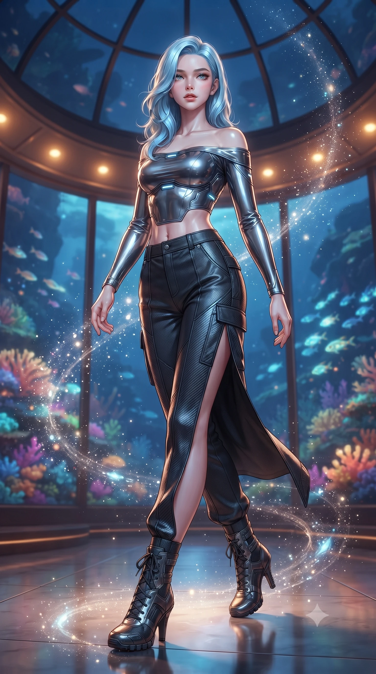 score_9, masterpiece, best quality, ultra-detailed, high-budget anime keyframe, editorial fashion photography, tasteful artistic composition, Korean woman. low angle full-body shot from head to toe showing her feet, filling the entire 9:16 vertical frame with her statuesque presence, stretching her vertical silhouette. stepping gracefully through floating stardust particles, her body-contouring suit showing her athletic, slender silhouette, the background shows a soft-focus an undersea dome veranda overlooking a canyon of glowing coral at dusk. She has an absolutely perfect, statuesque 8.5-heads proportion, an exceptionally tall and slender model-like female figure with impossibly long slender legs and an ultra-slim waist. sharp v-shaped jawline, high-bridge nose, intricate jewel-like eyes with depth, thick eyelashes, glossy lips with a natural sheen. wearing a slim-fit off-shoulder carbon-fiber armor top paired with high-slit tactical cargo pants, showing her delicately sculpted midriff. cool blue twilight sky contrasting with warm interior lights of the dome. ultra-reflective glossy finish, specular highlights, metallic sheen, high-contrast stereoscopic depth, volumetric dynamic lighting, 2k, ultra detail, master piece, 9:16 ratio
