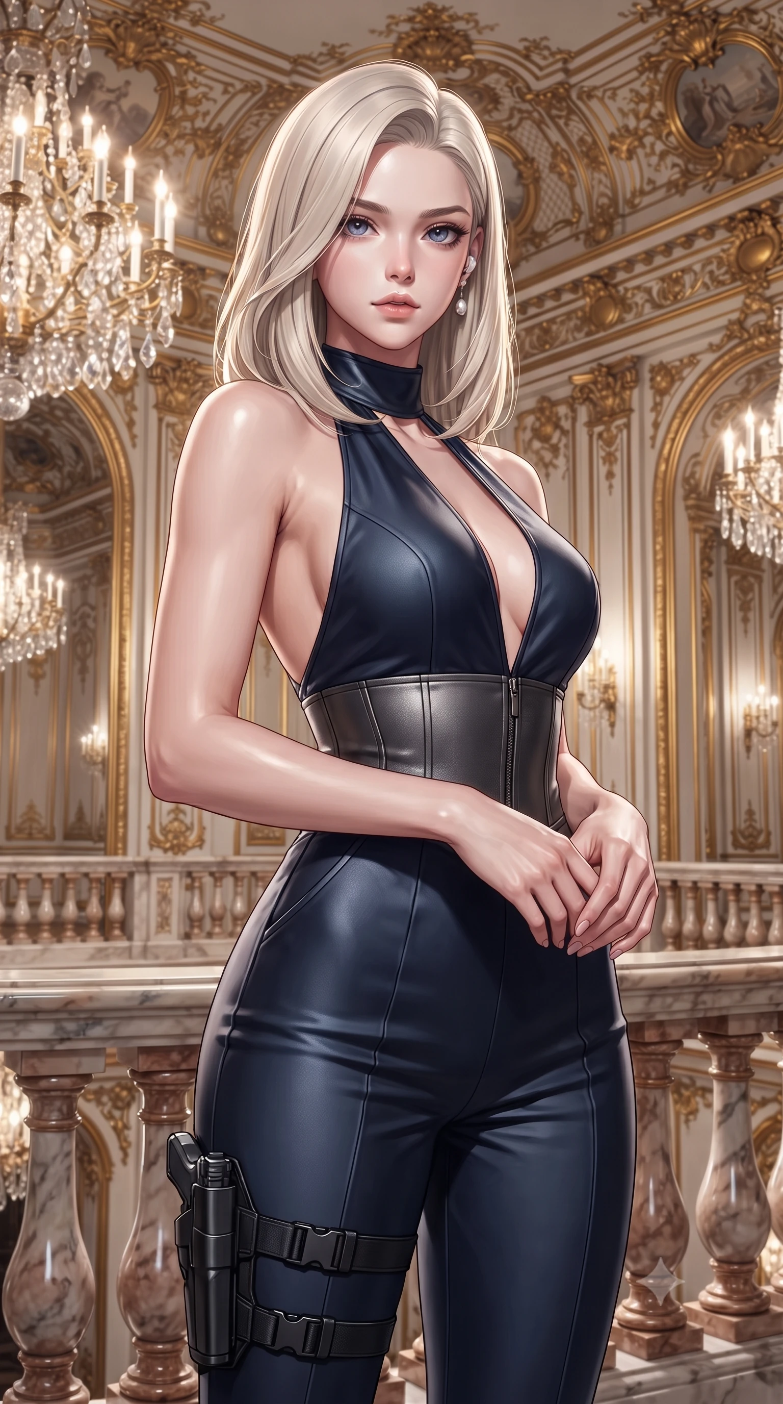 score_9, masterpiece, best quality, ultra-detailed, high-budget anime keyframe, editorial fashion photography, tasteful artistic composition, Caucasian woman. close-up cowboy shot from the waist and thighs up, the character dominates the composition, filling the frame with her large presence. holding her hands loosely in front with regal, aristocratic poise, radiating an overwhelming high-society aura while arching her spine in a fluid, regal posture while casting a mesmerizing, sovereign gaze into the lens. The surrounding environment is rendered in vivid detail and crisp panoramic clarity. intricate gold-leaf rococo carvings, sparkling crystal chandelier facets, and polished marble balustrades in sharp focus. She has an exceptionally elegant, slender, and willowy female figure with an ultra-slim waist, a gracefully sculpted slender torso, toned flat midriff, and a refined slim silhouette. sharp v-shaped jawline, high-bridge nose, intricate jewel-like eyes with depth, thick eyelashes, glossy lips with a natural sheen, captivating and magnetic expression, flawlessly proportioned anatomical accuracy, strict slender model proportions, natural body alignment, perfectly sculpted long slender limbs, ultra-slim waistline, clean dynamic posture without body distortion. wearing a high-society undercover halter-neck jumpsuit with a tailored deep-V back and integrated tactical waist cincher in deep midnight blue and brushed gunmetal, tailored from fluid silk crepe with inner ballistic reinforcement, accessorized with a sleek concealed garter holster and pearl ear transmitter edition #26, the sleek tailored cut tightly hugging her graceful clavicle, narrow waist, and feminine curves with statuesque precision. surrounded by an aristocratic, majestic, and enchantingly sovereign high-society queen aura. ultra-reflective glossy finish, specular highlights, rich textural contrasts, high-contrast stereoscopic depth, volumetric dynamic lighting, 2k, ultra detail, master piece, 9:16 ratio