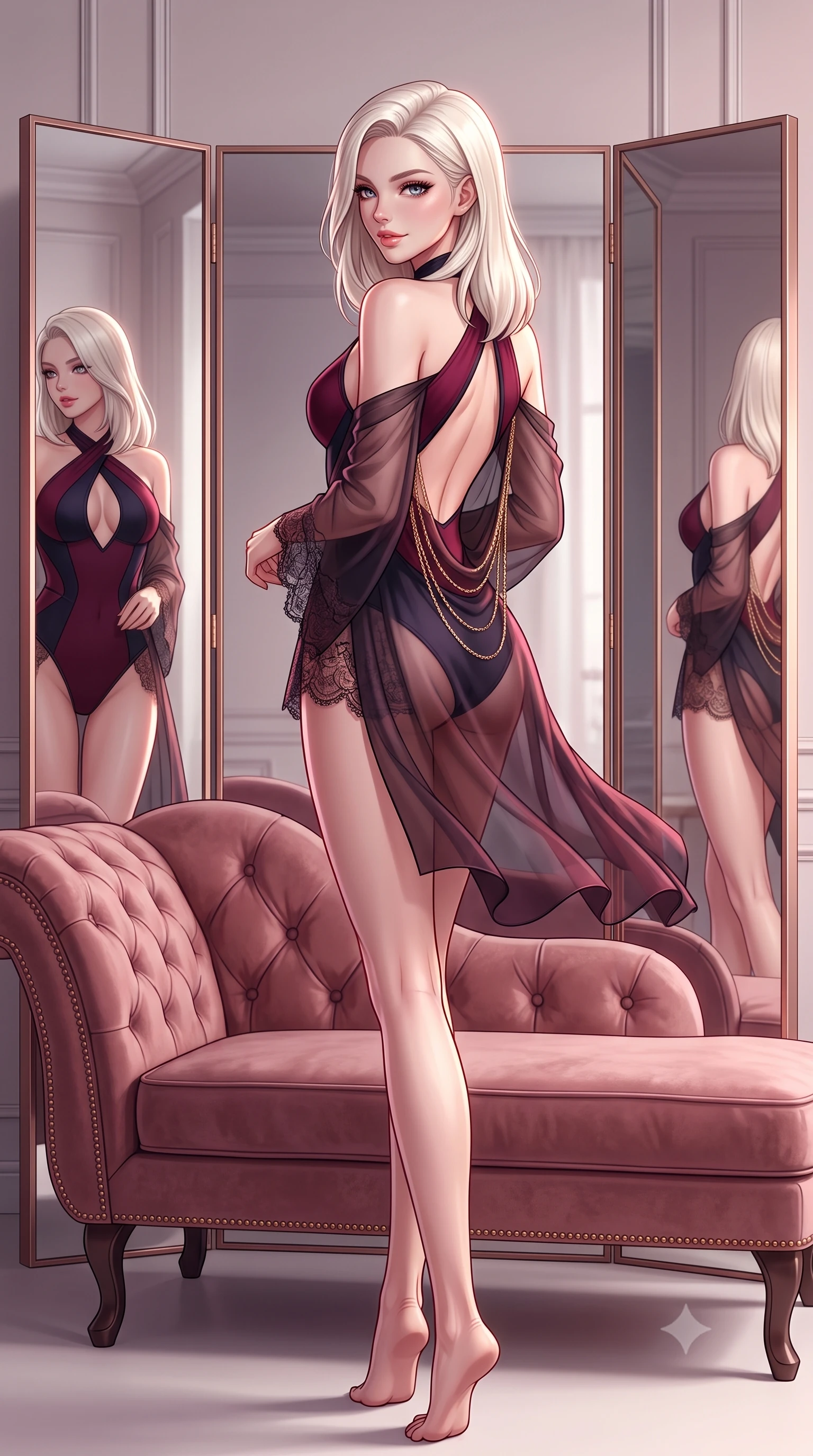 score_9, masterpiece, best quality, ultra-detailed, high-budget anime keyframe, semi-realistic 3D game render, editorial fashion photography, tasteful artistic composition, Caucasian woman. low angle full-body shot from head to toe showing her feet, filling the entire 9:16 vertical frame with her statuesque presence, stretching her vertical silhouette. executing a slow, graceful pivot turn as her skirt sways around her slender legs, glancing back with an enchanting, teasing sensual expression while leaning back against the tufted dusty-rose velvet chaise with hips cocked back, looking directly into the camera with an irresistible bedroom-gaze. The surrounding environment is rendered in vivid detail and crisp panoramic clarity: detailed delicate French Chantilly lace teddy drape, sheer silk robe slipping off shoulders, and bespoke interior craft in razor-sharp precision. She has an absolutely perfect, statuesque 8.5-heads proportion, an exceptionally tall and slender model-like female figure with impossibly long slender legs, an ultra-slim waist, a flat toned midriff, narrow delicate ribcage, and beautifully sculpted feminine hips creating a graceful, slim hourglass silhouette without any bulky heaviness. sharp v-shaped jawline, high-bridge nose, sparkling eyes with hypnotic seductive depth, thick curled eyelashes, glossy parted lips with a natural dewy peach sheen, alluring bedroom-eyes with an enchanting coquettish smile, exuding magnetic siren charisma and sophisticated glamour, flawlessly proportioned anatomical accuracy, strict slender model proportions, natural body alignment, perfectly sculpted long slender limbs, ultra-slim waistline, clean dynamic posture without body distortion. wearing a criss-cross halterneck keyhole bodysuit with open back and sculpted waist darts in Gion dark cherry and midnight obsidian, tailored from fine structural neoprene with crisp architectural edges and smooth contouring, accented with an open-back drape framed by falling strands of delicate gold chains, the form-contouring silhouette accentuating her sculpted flat midriff, narrow delicate ribcage, and gracefully curvy hips with intoxicating allure. illuminated by trifold mirror reflection bounce and sharp rose-gold rim lights defining her jawline, flat midriff, and voluptuous hip curves. highly saturated vibrant anime colors, detailed shading with soft gradients, rich glossy textures, high-contrast stereoscopic depth, volumetric dynamic lighting, master piece, 9:16 ratio