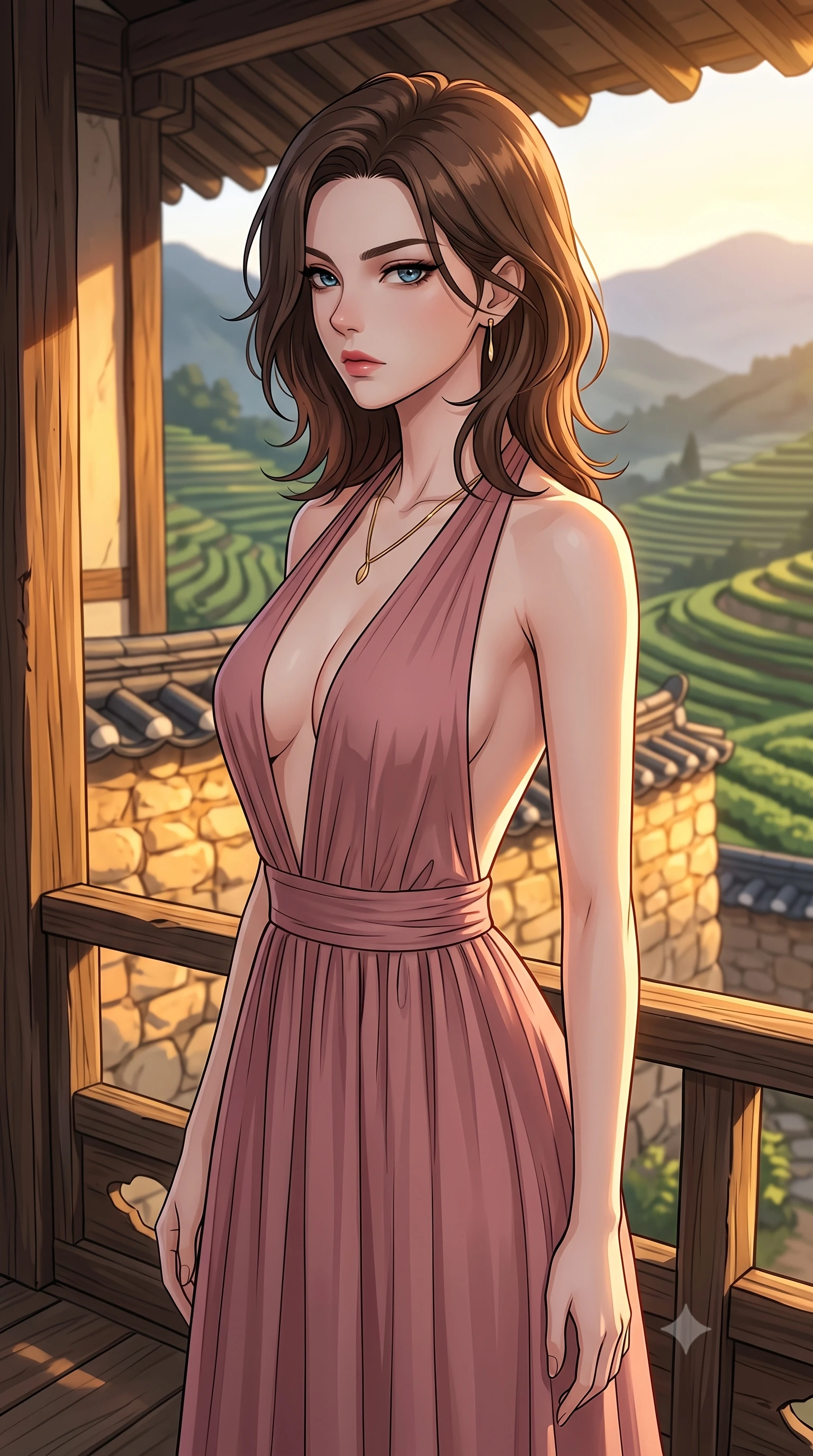 score_9, masterpiece, best quality, ultra-detailed, high-budget anime keyframe, tasteful artistic composition, Korean woman. close-up cowboy shot from the waist and thighs up, the character dominates the composition, filling the frame with her large presence, background elements kept in soft focus. turning her face in sharp profile, casting a cold, mysterious, yet intensely alluring side gaze, the background shows a soft-focus a traditional estate balcony overlooking a valley of terraced tea fields. She has an exceptionally elegant, slender, and willowy female figure with an ultra-slim waist, a gracefully sculpted slender torso, and a refined silhouette. sharp v-shaped jawline, high-bridge nose, intricate jewel-like eyes with depth, thick eyelashes, glossy lips with a natural sheen. wearing a tailored deep plunging-V neck maxi dress in dusty rose chiffon with a bold halter neck and low-cut back. late afternoon sun casting a majestic golden glow over the stone walls. highly saturated vibrant anime colors, cel-shading, 2d style, master piece, 9:16 ratio