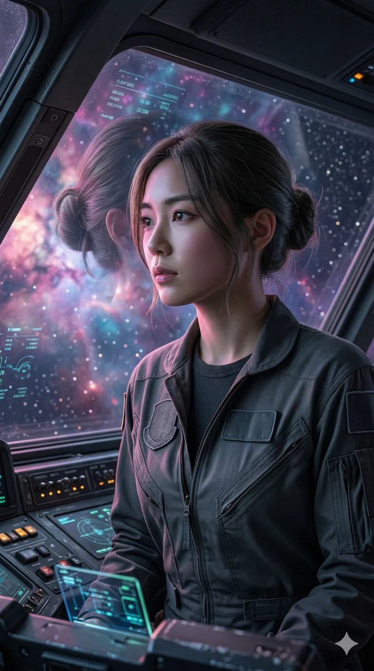score_9, masterpiece, best quality, ultra-detailed, photorealistic 8k CG render, an incredibly beautiful Korean woman. Medium shot of upper body filling the frame. She is a space pilot looking out of the cockpit at a nebula. She has an absolutely perfect 8-heads proportion, a towering and slender female figure. Her face is a masterpiece with ash brown hair and focused eyes reflecting the stars. She is wearing an unzipped deeply pilot jumpsuit with a form-fitting bodysuit underneath, highlighting her alluring silhouette. Cockpit UI reflections and cosmic light, dramatic rim lighting, radiant glowing skin, 2k, ultra detail, master piece, 9:16 ratio