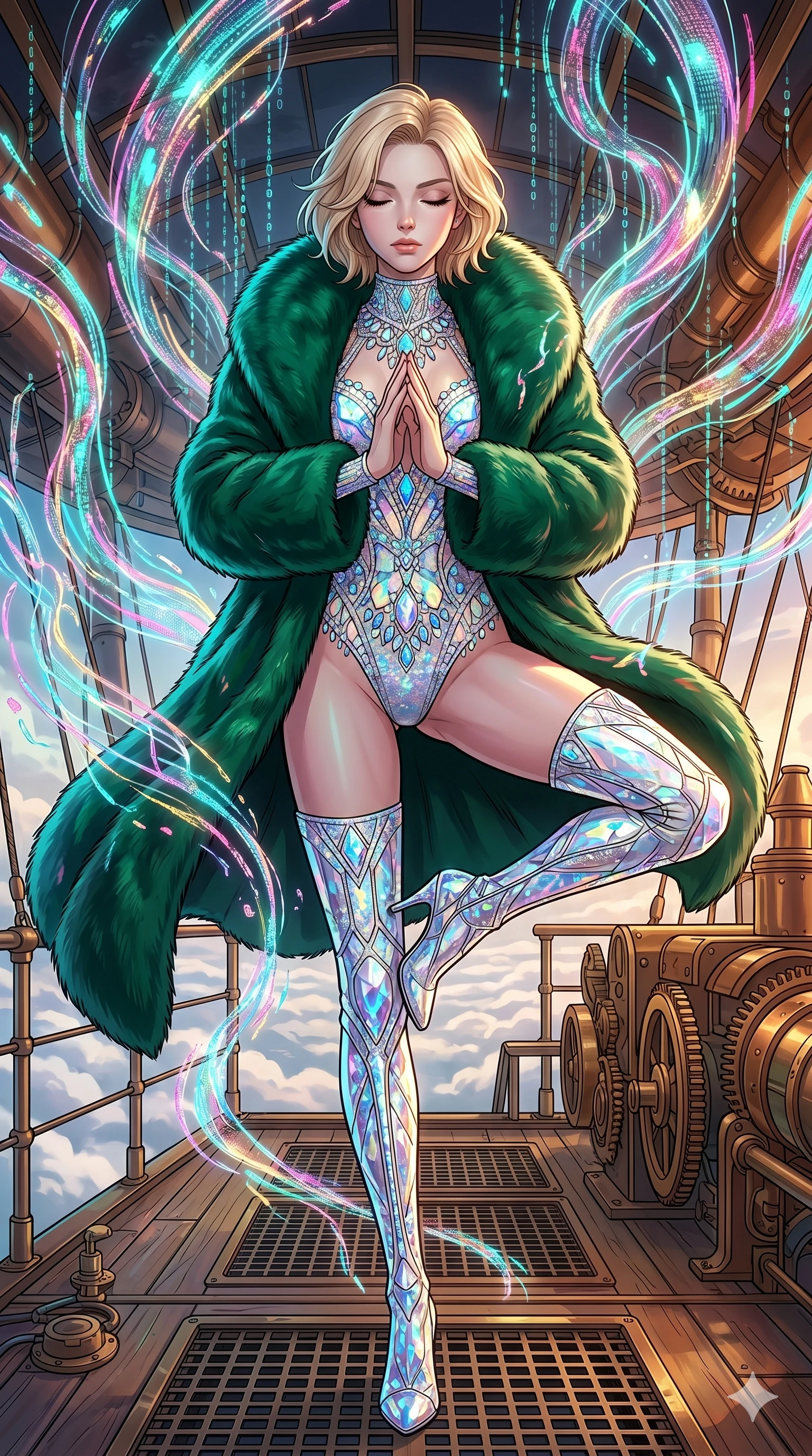 score_9, masterpiece, best quality, ultra-detailed, high-budget anime movie keyframe, cinematic anime lighting, intricate line art, Caucasian (strictly human ears) woman. Dynamic full-body shot stretching the vertical silhouette across the 9:16 frame. meditating peacefully in a steampunk airship deck with holographic rain. She has an absolutely perfect 8-heads proportion, an exceptionally tall and slender female figure with an ultra-slim waist and impossibly long slender legs. sharp v-shaped jawline, high-bridge nose, intricate jewel-like eyes, thick eyelashes, glossy lips. Wearing seasonal winter-couture featuring a plush oversized faux-fur coat worn over a skin-tight crystalline leotard and thigh-high stiletto boots. The scene is illuminated by dramatic atmospheric lighting and vibrant color palettes. , 2k, ultra detail, master piece, 9:16 ratio