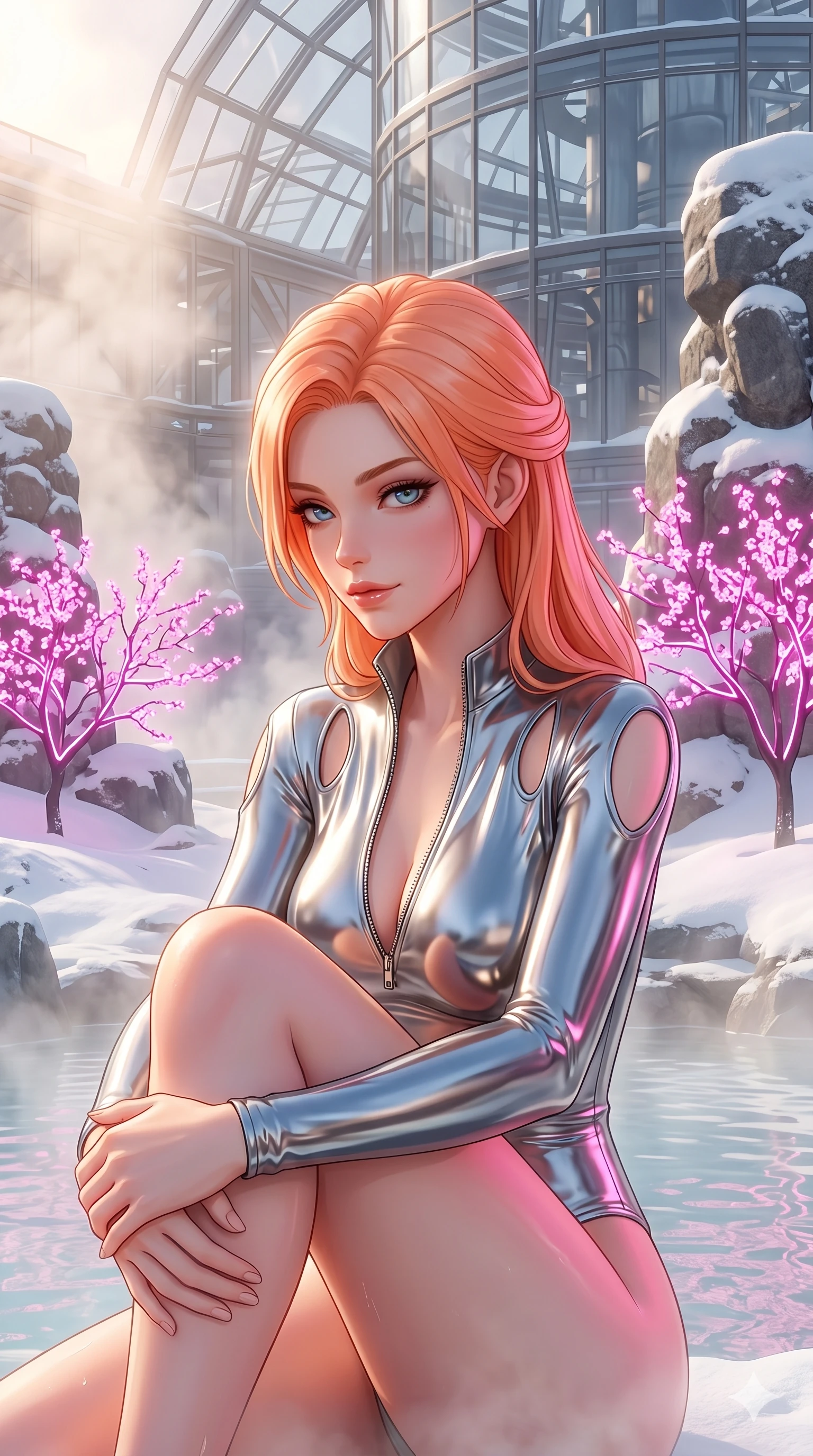 score_9, masterpiece, best quality, ultra-detailed, high-budget anime keyframe, semi-realistic 3D game render, Japanese woman. Upper body close-up from the thighs up, character filling the screen for maximum presence. She is relaxing in a futuristic geothermal hot spring surrounded by snow and neon cherry trees. She wraps her arms around her knees, looking over her shoulder with bedroom eyes. She has an absolutely perfect 8-heads proportion, an exceptionally tall and slender female figure with impossibly long slender legs and an ultra-slim waist. V-shaped jawline, high-bridge nose, intricate jewel-like eyes with depth, thick eyelashes, glossy lips with a natural sheen. She is wearing a form-fitting top made of molten liquid-mercury fabric that clings to her curves, with strategic tear-drop shoulder cutouts and a dangerously unzipped front collar. The scene is bathed in soft morning sun filtering through dense steam and a sharp pink neon key light. 2k, ultra detail, master piece, 9:16 ratio