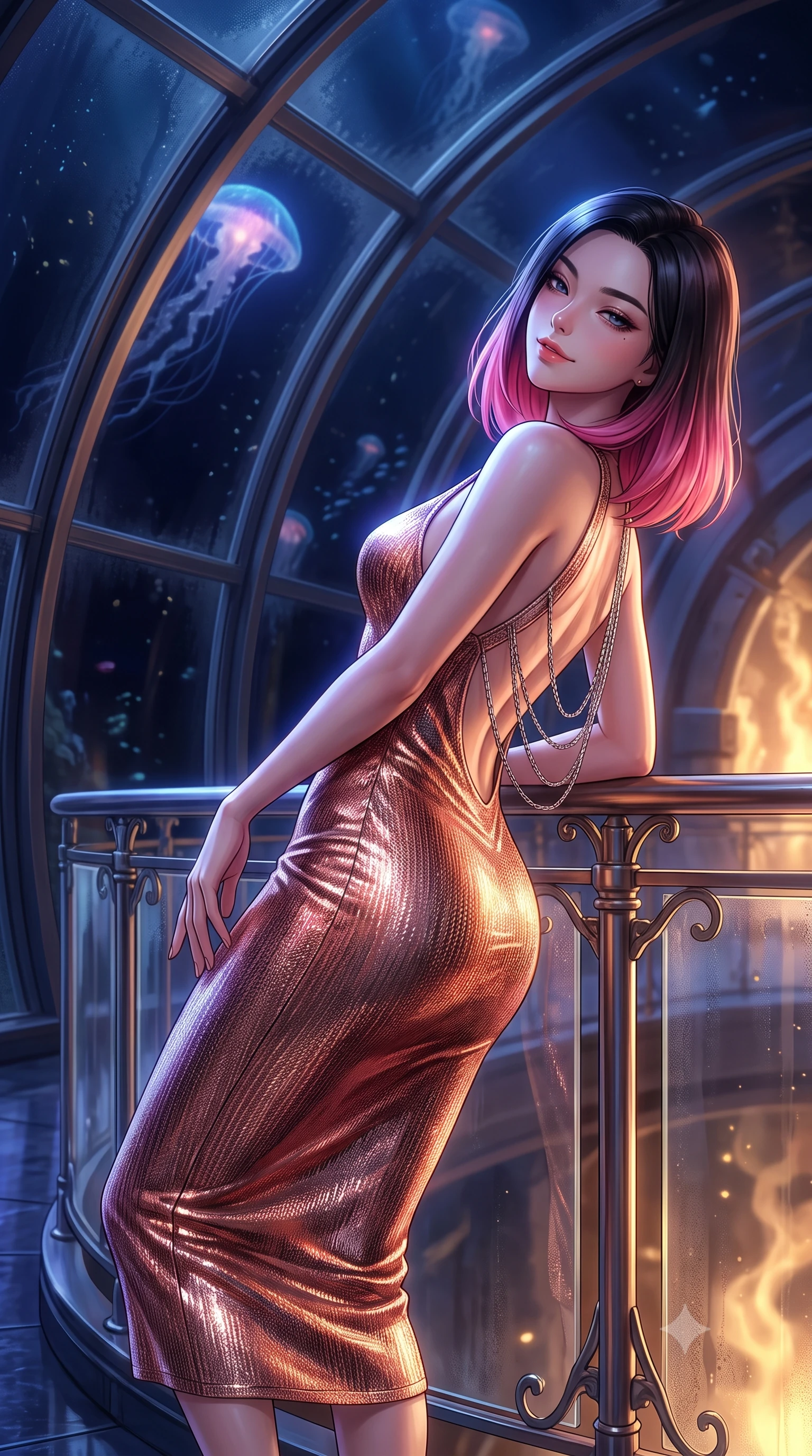score_9, masterpiece, best quality, ultra-detailed, high-budget anime keyframe, editorial fashion photography, tasteful artistic composition, Korean woman. close-up cowboy shot from the waist and thighs up, the character dominates the composition, filling the frame with her large presence. leaning back against the balustrade with relaxed seductive grace, head tilted back slightly while casting a hypnotic, heavy-lidded gaze while standing poised beneath the monumental pressure-resistant glass vault at the floor of the Mariana Trench, arching her spine with mysterious siren elegance as giant siphonophores drift past. The background shows a soft-focus condensing interior climate dew softened in abyssal ocean research cathedral shallow focus. She has an exceptionally elegant, slender, and willowy female figure with an ultra-slim waist, flat toned midriff, narrow ribcage, and sculpted feminine hips creating an alluring, slim hourglass silhouette without bulk. sharp v-shaped jawline, high-bridge nose, intricate jewel-like sparkling eyes with depth, thick eyelashes, glossy parted lips with a natural peach sheen, bright cheerful beaming smile with an enchanting and coquettish sensual glint, exuding both youthful cute charm and seductive allure, flawlessly proportioned anatomical accuracy, strict slender model proportions, natural body alignment, perfectly sculpted long slender limbs, ultra-slim waistline, clean dynamic posture without body distortion. wearing a body-contouring metallic lurex knit midi dress casting radiant starlight shimmer across her flat midriff in high-gloss rose-gold and burnished copper, woven from structured carbon-fiber jacquard with rich textural depth, accented with an open-back drape framed by falling strands of delicate chrome chains, the liquid-tight tailored fabric clinging flawlessly to her narrow waist and rounded feminine hips, emphasizing every millimeter of her sculpted slim hourglass curves without any bulky heaviness. bathed in deep ocean blue-violet ambient light mixed with warm 2200K golden geothermal vent radiance. ultra-reflective glossy finish, specular highlights, rich textural contrasts, high-contrast stereoscopic depth, volumetric dynamic lighting, 2k, ultra detail, master piece, 9:16 ratio