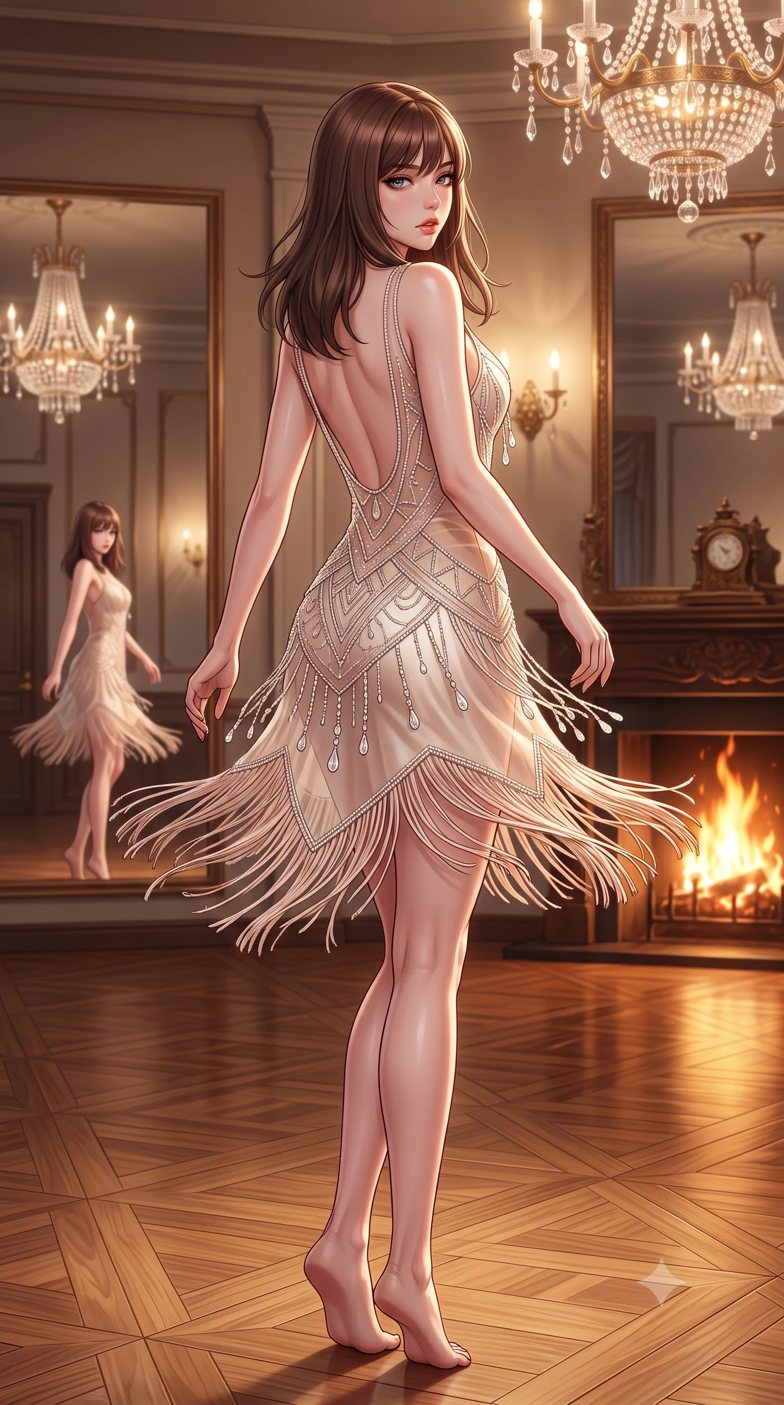 score_9, masterpiece, best quality, ultra-detailed, high-budget anime keyframe, semi-realistic 3D game render, editorial fashion photography, tasteful artistic composition, Korean woman. low angle full-body shot from head to toe showing her feet, filling the entire 9:16 vertical frame with her statuesque presence, stretching her vertical silhouette. posing with back turned slightly to the lens, glancing back with smoldering allure as she arches her lower back to emphasize her sculpted feminine hips and slender waist while twirling dynamically on the polished parquet dance floor, fringes of her dress fluttering around her curvy hips. The surrounding environment is rendered in vivid detail and crisp panoramic clarity. detailed fringe tassel movement, beaded dress embroidery, and mirror reflection clarity in high resolution. She has an absolutely perfect, statuesque 8.5-heads proportion, an exceptionally tall and slender model-like female figure with impossibly long slender legs, a toned flat midriff, an ultra-slim waist, and beautifully sculpted feminine hips. sharp v-shaped jawline, high-bridge nose, intricate jewel-like eyes with depth, thick eyelashes, glossy parted lips with a natural sheen, intensely captivating and seductive bedroom-eyes expression, flawlessly proportioned anatomical accuracy, strict slender model proportions, natural body alignment, perfectly sculpted long slender limbs, ultra-slim waistline, clean dynamic posture without body distortion. wearing a sheer vintage mesh flapper dress adorned with intricate geometric beadwork over a silk slip in pristine ivory cream and antique rose gold, made of liquid silk jersey adhering flawlessly to her slender build, accented with delicate crystal teardrop pendants outlining the plunging neckline, the precision-cut side openings and low-back scoop framing her graceful spine and the sensual sweep of her hips. illuminated by rich directional firelight sculpting every feminine curve of her slender silhouette. highly saturated vibrant anime colors, detailed shading with soft gradients, rich glossy textures, high-contrast stereoscopic depth, volumetric dynamic lighting, master piece, 9:16 ratio