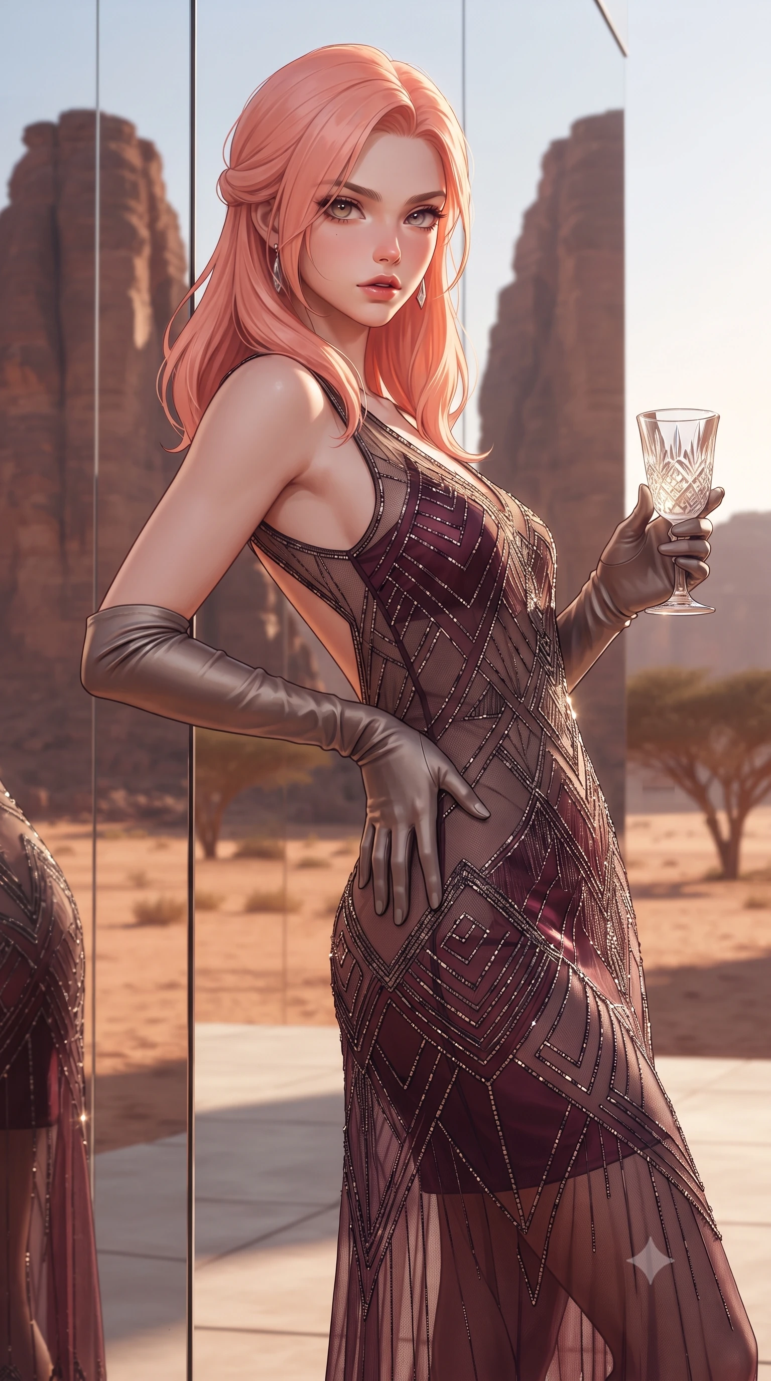 score_9, masterpiece, best quality, ultra-detailed, high-budget anime keyframe, semi-realistic 3D game render, editorial fashion photography, tasteful artistic composition, Japanese woman. close-up cowboy shot from the waist and thighs up, the character dominates the composition, filling the frame with her large presence. arching her spine backward with effortless dancer poise, one hand sliding along her hip line as directional light carves specular highlights along her silhouette while standing beside the monumental mirrored facade reflecting towering red sandstone monoliths, arching her lower back in high-fashion sovereign poise. The composition keeps background elements in soft focus with creamy bokeh. infinite mirror reflections and distant desert acacia trees softened in avant-garde shallow focus. She has an exceptionally elegant, slender, and willowy female figure with an ultra-slim waist, flat toned midriff, narrow ribcage, and sculpted feminine hips creating an alluring, slim hourglass silhouette without bulk. sharp v-shaped jawline, high-bridge nose, intricate jewel-like eyes with depth, thick eyelashes, glossy parted lips with a natural sheen, intensely captivating and seductive bedroom-eyes expression, flawlessly proportioned anatomical accuracy, strict slender model proportions, natural body alignment, perfectly sculpted long slender limbs, ultra-slim waistline, clean dynamic posture without body distortion. wearing a sheer vintage mesh flapper dress adorned with intricate geometric beadwork over an opaque silk slip in deep wine burgundy and brushed dark platinum, crafted from luxurious metallic lamé that shifts radiance with every step, accessorized with opera-length satin gloves and a vintage crystal glass, the precision-cut side openings and low-back scoop framing her graceful spine and the sensual sweep of her slim, toned hips. illuminated by mirror-bounce sunset rays sharply defining her sculpted collarbones, ultra-slim waist, and curvy hips. highly saturated vibrant anime colors, detailed shading with soft gradients, rich glossy textures, high-contrast stereoscopic depth, volumetric dynamic lighting, master piece, 9:16 ratio