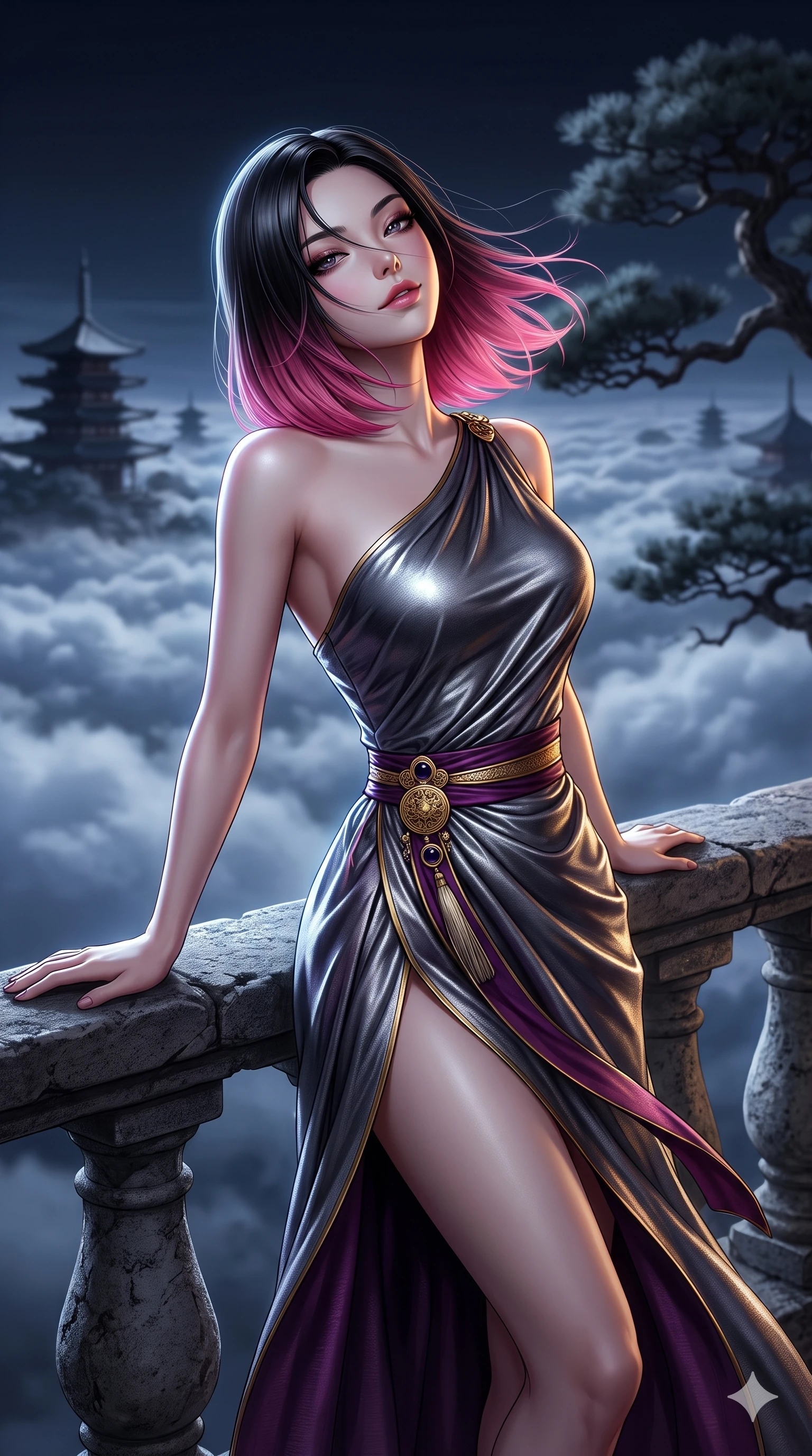 score_9, masterpiece, best quality, ultra-detailed, high-budget anime keyframe, semi-realistic 3D game render, editorial fashion photography, tasteful artistic composition, Korean woman. close-up cowboy shot from the waist and thighs up, the character dominates the composition, filling the frame with her large presence. leaning back against the balustrade with relaxed seductive grace, head tilted back slightly while casting a hypnotic, heavy-lidded gaze while standing tall on the outer granite precipice, arching her spine with sovereign supermodel grace as mountain gales whip through her hair. The background shows a soft-focus sea of moonlit clouds filling the valley below, distant multi-tiered pagoda silhouettes, and gnarled ancient pines blurred into silver, indigo, and charcoal bokeh. She has an exceptionally elegant, slender, and willowy female figure with an ultra-slim waist, flat toned midriff, narrow ribcage, and sculpted feminine hips creating an alluring, slim hourglass silhouette without bulk. sharp v-shaped jawline, high-bridge nose, sparkling eyes with hypnotic seductive depth, thick curled eyelashes, glossy parted lips with a natural dewy peach sheen, alluring bedroom-eyes with an enchanting coquettish smile, exuding magnetic siren charisma and sophisticated glamour, flawlessly proportioned anatomical accuracy, strict slender model proportions, natural body alignment, perfectly sculpted long slender limbs, ultra-slim waistline, clean dynamic posture without body distortion. wearing an asymmetric one-shoulder liquid mercury silk dress with a dramatic hip-high wrap slit and norigae waist charm in imperial gold and royal plum purple, woven from bespoke Korean ramie fabric with crisp tactile slub texture, accented with an authentic engraved gold medallion and obsidian cabochons, the bespoke structured tailoring following the natural line of her 8.5-heads silhouette with refined elegance. illuminated by cloud sea upward bounce and sharp silver-topaz rim lights defining her razor-sharp jawline, narrow waist, and curvy hips. highly saturated vibrant anime colors, detailed shading with soft gradients, rich glossy textures, high-contrast stereoscopic depth, volumetric dynamic lighting, master piece, 9:16 ratio