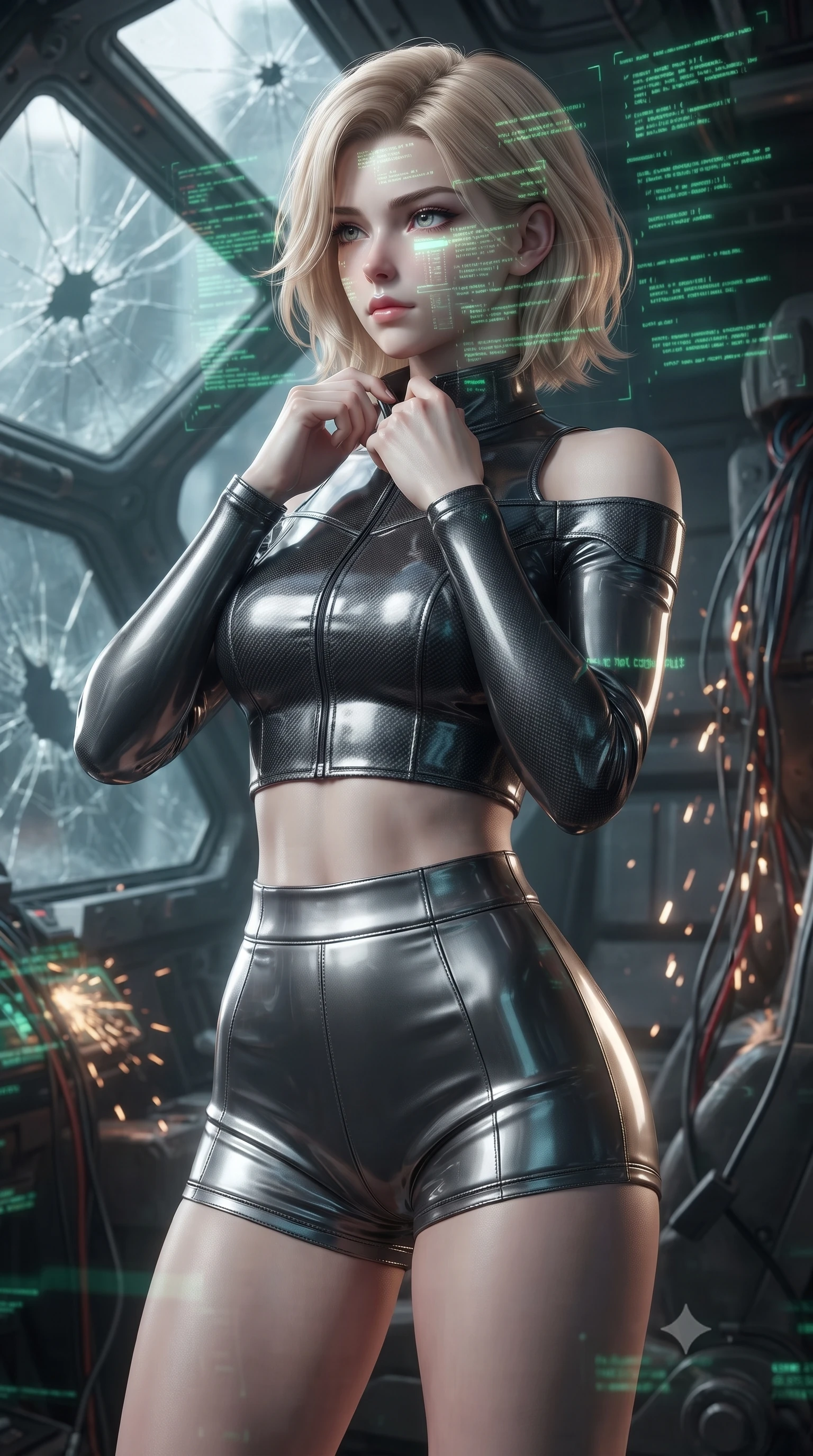 score_9, masterpiece, best quality, ultra-detailed, high-budget anime keyframe, editorial fashion photography, tasteful artistic composition, Caucasian woman. close-up cowboy shot from the waist and thighs up, the character dominates the composition, filling the frame with her large presence, background elements kept in soft focus. adjusting the high collar of her body-hugging suit, looking past the camera with quiet, sharp focus and a composed expression, the background shows a soft-focus the cockpit of a crashed colossal mech with cracked glass and exposed wire bundles. She has an exceptionally elegant, slender, and willowy female figure with an ultra-slim waist, a gracefully sculpted slender torso, and a refined silhouette. sharp v-shaped jawline, high-bridge nose, intricate jewel-like eyes with depth, thick eyelashes, glossy lips with a natural sheen. wearing a tailored chic off-shoulder carbon-plate crop top, paired with high-waisted utility micro-shorts. flickering green cockpit telemetry lights projecting code lines on her face. ultra-reflective glossy finish, specular highlights, metallic sheen, high-contrast stereoscopic depth, volumetric dynamic lighting, 2k, ultra detail, master piece, 9:16 ratio