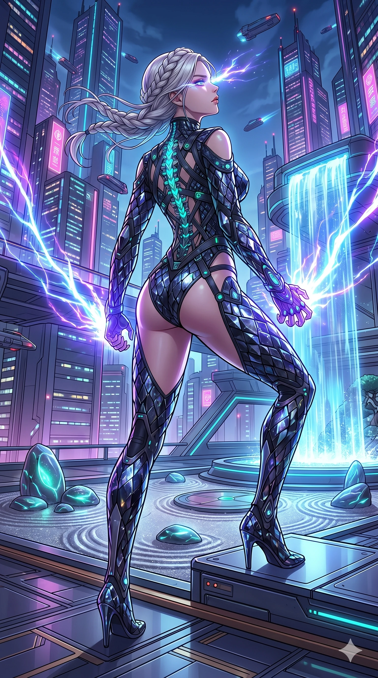 score_9, masterpiece, best quality, ultra-detailed, High-budget Anime Keyframe, vibrant colors, fluid line-art, expressive lighting, cinematic composition, Ufotable-style visual effects, top-tier animation quality, Korean woman with idol-like refined features. Low angle cowboy shot filling the entire 9:16 frame with her statuesque presence, looking up to emphasize her height. Standing atop a dizzying skyscraper overlooking a vast megalopolis of neon towers and flying vehicles, the wind whipping through her hair. She has an absolutely perfect 8-heads proportion, an exceptionally tall and slender female figure with impossibly long slender legs and an ultra-slim waist, her statuesque height and towering silhouette dominating the vertical 9:16 frame. Her face is a masterpiece featuring a sharp v-shaped jawline, high-bridge nose, intricate jewel-like eyes with depth, thick eyelashes, and glossy lips with a natural sheen. She is wearing a Micro-bodysuit with a complex integrated harness system and high-cut leg lines crafted from Obsidian-glass scales that shimmer with a dark, crystalline brilliance, boasting shoulder cut-outs and a glowing spinal interface visible through the back. The scene is set in a serene Zen garden with metallic sand, glowing stones, and a holographic waterfall, illuminated by intense energy flares from her powers illuminating the scene with brilliant light. 2k, ultra detail, master piece, 9:16 ratio