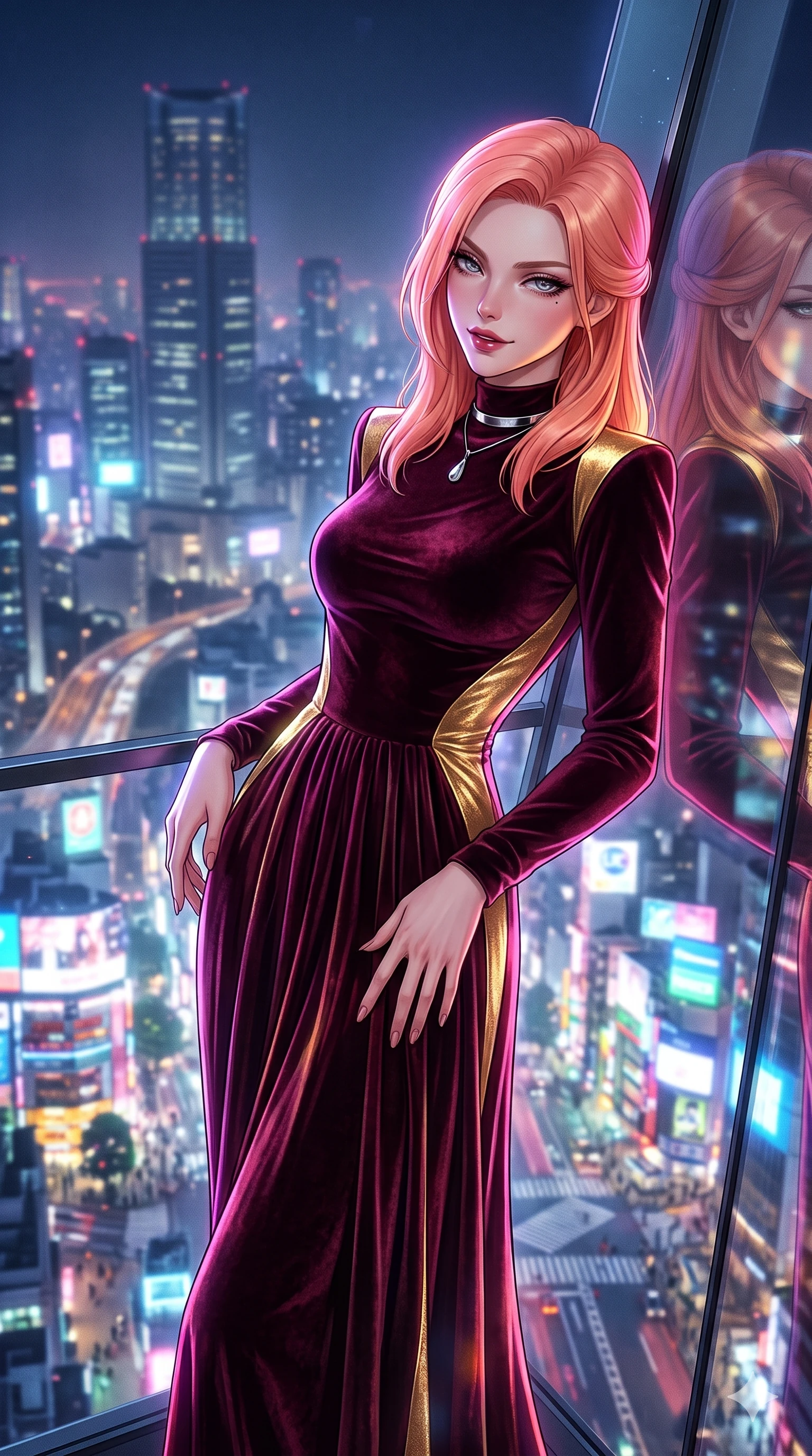 score_9, masterpiece, best quality, ultra-detailed, high-budget anime keyframe, semi-realistic 3D game render, editorial fashion photography, tasteful artistic composition, Japanese woman. close-up cowboy shot from the waist and thighs up, the character dominates the composition, filling the frame with her large presence. tilting her head with a teasing half-smile, running one hand slowly down the side of her hip in a flirtatious S-curve as ambient neon caresses her silhouette while leaning back against the angled glass windbreak with hips cocked back, casting an alluring, heavy-lidded bedroom-gaze toward the lens. The background shows a soft-focus epic Tokyo skyline panoramic overlook softened in high-altitude shallow focus. She has an exceptionally elegant, slender, and willowy female figure with an ultra-slim waist, flat toned midriff, narrow ribcage, and sculpted feminine hips creating an alluring, slim hourglass silhouette without bulk. sharp v-shaped jawline, high-bridge nose, intricate jewel-like dark sparkling eyes with dangerous depth, thick curled eyelashes, glossy parted lips with a rich wine sheen, smoldering seductive half-smile with bedroom-eyes, exuding effortless superiority and intoxicating dark allure, flawlessly proportioned anatomical accuracy, strict slender model proportions, natural body alignment, perfectly sculpted long slender limbs, ultra-slim waistline, clean dynamic posture without body distortion. wearing a refined long-sleeve velvet evening gown with high neckline and fluid pleated column skirt in deep wine burgundy and lustrous gold foil, tailored from crushed dark velvet with deep light-absorbing plush texture, finished with a minimalist chrome choker and a single teardrop pendant, the bespoke structured tailoring following the natural line of her 8.5-heads silhouette with refined elegance. bathed in the blinding, radiant glow of a hundred giant LED screens washing upward from the street level. highly saturated vibrant anime colors, detailed shading with soft gradients, rich glossy textures, high-contrast stereoscopic depth, volumetric dynamic lighting, master piece, 9:16 ratio