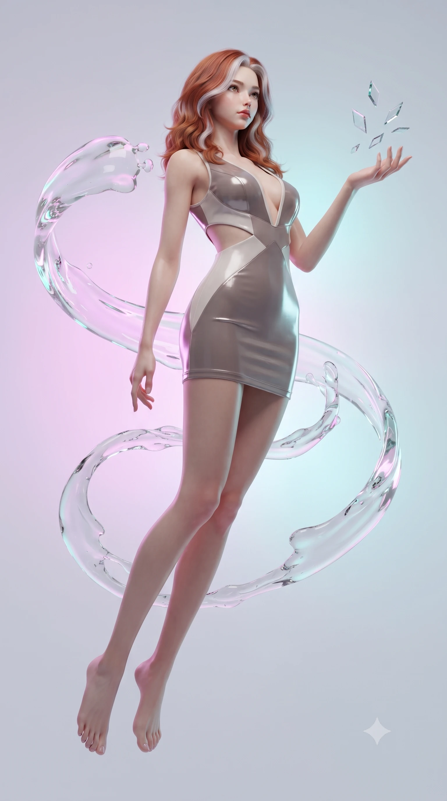 score_9, masterpiece, best quality, ultra-detailed, high-budget anime keyframe, editorial fashion photography, tasteful artistic composition, Caucasian woman. low angle full-body shot from head to toe showing her feet, filling the entire 9:16 vertical frame with her statuesque presence, stretching her vertical silhouette. pivoting dynamically in zero-gravity with fluid body alignment, displaying her perfect model proportions while reaching her hand forward to catch floating glass kaleidoscope shards hovering in zero-gravity, viscous opal liquid trails swirling around her silhouette in fluid zero-gravity arcs. She has an absolutely perfect, statuesque 8.5-heads proportion, an exceptionally tall and slender model-like female figure with impossibly long slender legs and an ultra-slim waist. sharp v-shaped jawline, high-bridge nose, intricate jewel-like eyes with depth, thick eyelashes, glossy lips with a natural sheen, flawlessly proportioned anatomical accuracy, natural body alignment, perfectly sculpted elegant limbs, clean dynamic posture without body distortion. wearing a liquid mercury gloss mini dress with ultra-deep V-neck and waist cutouts in muted taupe and soft ivory, made of premium stretch velvet with a rich sheen, featuring subtle geometric cutouts that highlight her ultra-slim midriff, the form-contouring material highlighting her ultra-slim waist and long lines. surrounded by a radiant aura of neon magenta and turquoise fluid highlights. ultra-reflective glossy finish, specular highlights, metallic sheen, high-contrast stereoscopic depth, volumetric dynamic lighting, 2k, ultra detail, master piece, 9:16 ratio