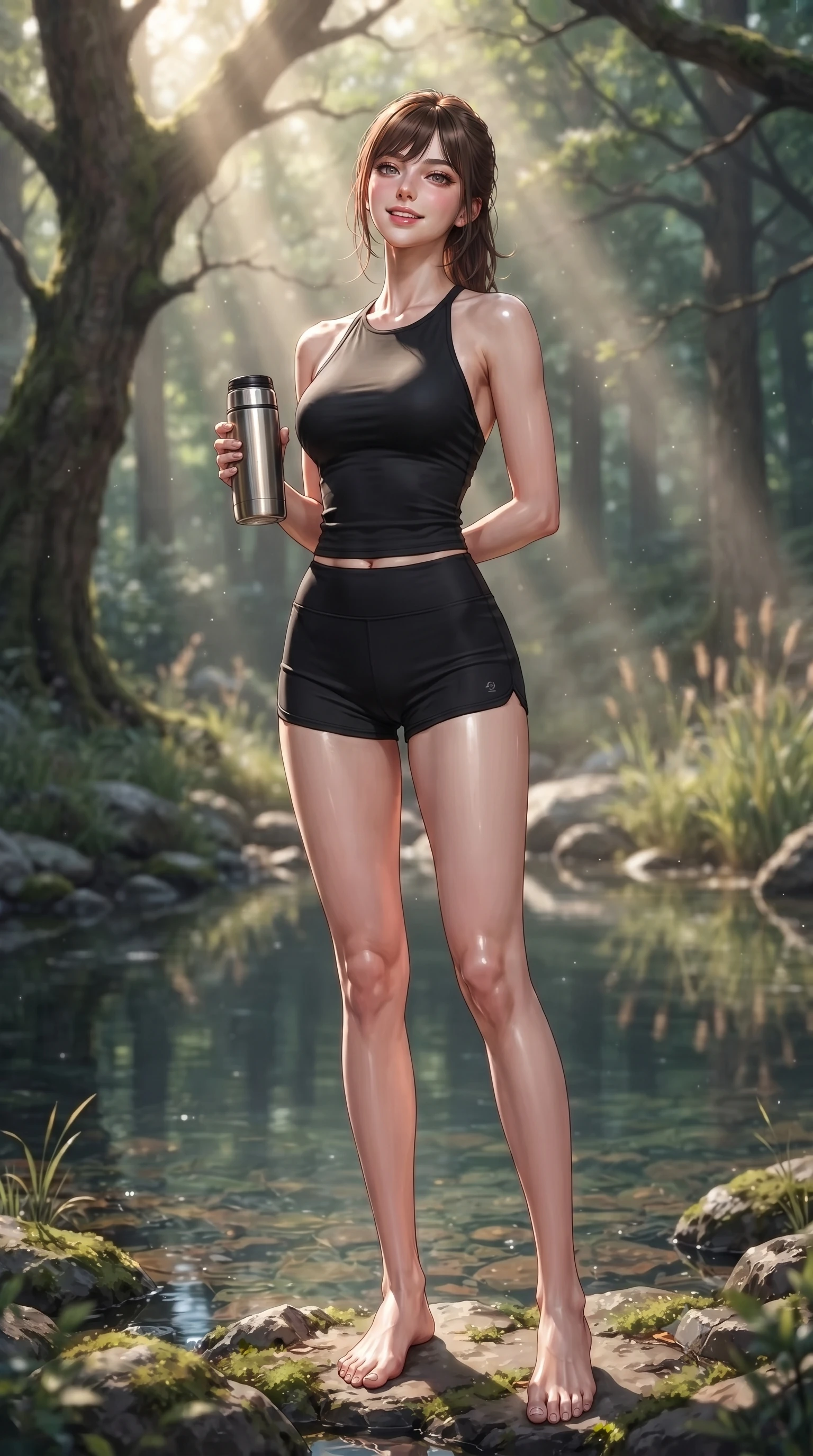 score_9, masterpiece, best quality, ultra-detailed, high-budget anime keyframe, editorial fashion photography, tasteful artistic composition, Korean woman. low angle full-body shot from head to toe showing her feet, filling the entire 9:16 vertical frame with her statuesque presence, stretching her vertical silhouette. standing in a captivating power pose, tilting her chin up with a smoldering, bright expression set against a soft-focus background of next to a quiet forest pond fed by a cold mountain stream holding a thermos mug of warm tea, smiling cozy at the camera. She has an absolutely perfect, statuesque 8.5-heads proportion, an exceptionally tall and slender model-like female figure with impossibly long slender legs and an ultra-slim waist. sharp v-shaped jawline, high-bridge nose, intricate jewel-like eyes with depth, thick eyelashes, glossy lips with a natural sheen. wearing slim-fit backless activewear halter top in black, paired with sporty shorts. volumetric sunbeams creating beautiful light shafts through the tree branches. ultra-reflective glossy finish, specular highlights, metallic sheen, high-contrast stereoscopic depth, volumetric dynamic lighting, 2k, ultra detail, master piece, 9:16 ratio