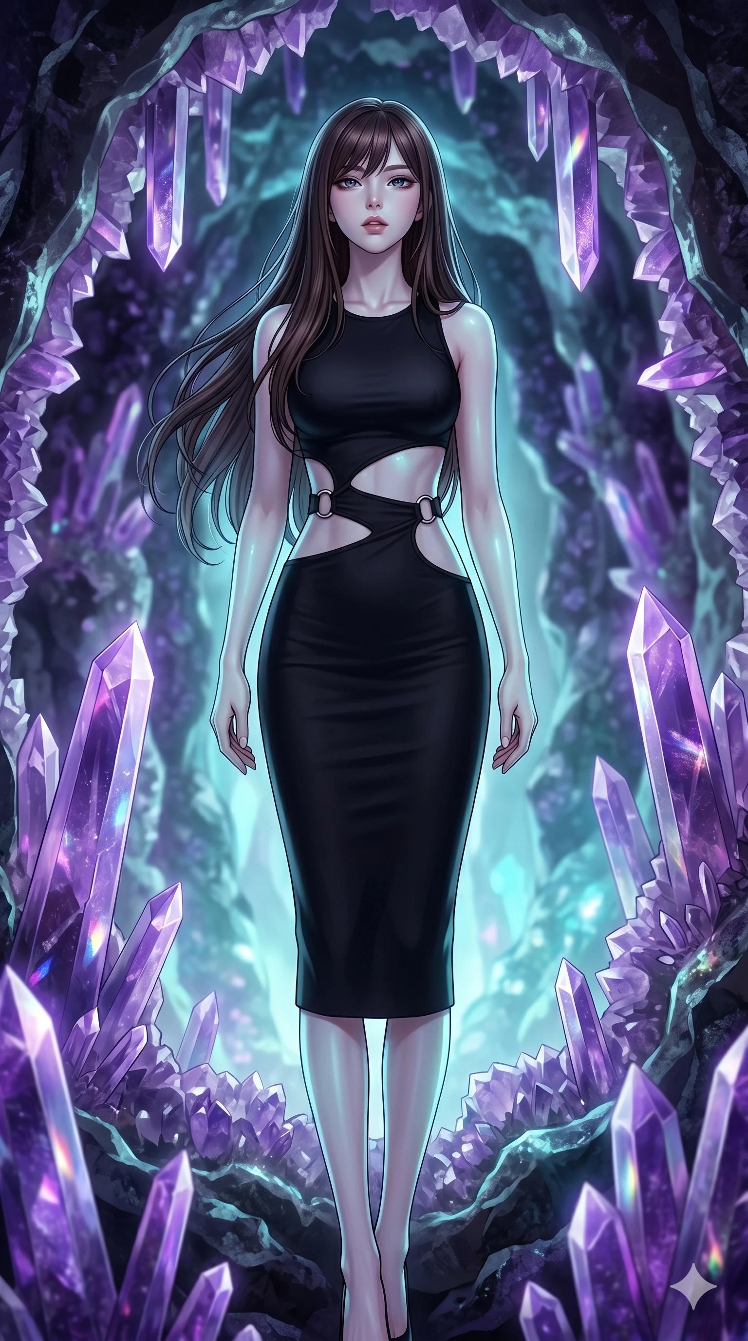 score_9, masterpiece, best quality, ultra-detailed, high-budget anime keyframe, editorial fashion photography, tasteful artistic composition, Korean woman. cowboy shot from the thighs up, character and outfit filling the frame for maximum editorial presence. Tilting her chin up slightly with lips parted in a composed expression inside a crystalline geode cavern lined with towering amethyst spires casting violet prismatic light. She has an absolutely perfect 8-heads proportion, an exceptionally tall and slender female figure with impossibly long slender legs and an ultra-slim waist. V-shaped jawline, high-bridge nose, intricate jewel-like eyes with depth, thick eyelashes, glossy lips with a natural sheen. wearing a precision matte black bodycon midi dress with strategic architectural cutouts at the waist and side torso framed by clean chrome ring hardware, perfectly fitted to her slender form. illuminated by soft aqua bioluminescent light that makes her skin luminously glow against the dark. 2k, ultra detail, master piece, 9:16 ratio