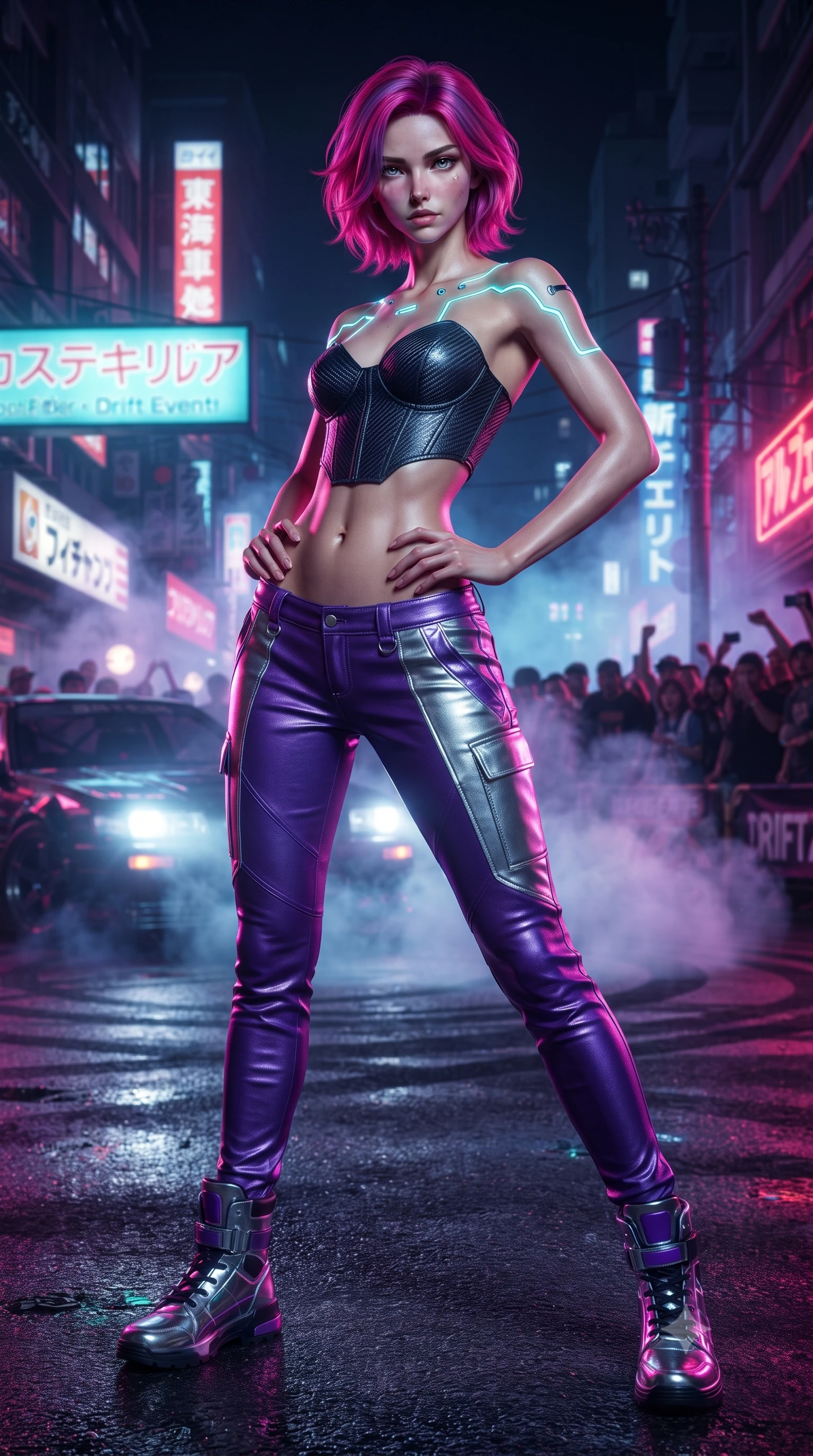 score_9, masterpiece, best quality, ultra-detailed, high-budget anime keyframe, editorial fashion photography, tasteful artistic composition, Caucasian woman. low angle full-body shot from head to toe showing her feet, filling the entire 9:16 vertical frame with her statuesque presence, stretching her vertical silhouette. pivoting dynamically with supreme athletic balance, her impossibly long slender legs and ultra-slim waist creating a mesmerizing vertical line while twisting her athletic torso in an alluring S-curve while resting both hands on her hips, looking past the camera with fearless allure. The surrounding environment is rendered in vivid detail and crisp panoramic clarity. intense neon-noir chiaroscuro and exhilarating urban drift culture aesthetics rendered with precision. She has an absolutely perfect, statuesque 8.5-heads proportion, an exceptionally tall and slender model-like female figure with impossibly long slender legs, a toned flat midriff, and an ultra-slim waist. sharp v-shaped jawline, high-bridge nose, intricate jewel-like eyes with depth, thick eyelashes, glossy parted lips with a natural sheen, intensely captivating and seductive expression, flawlessly proportioned anatomical accuracy, strict slender model proportions, natural body alignment, perfectly sculpted long slender limbs, ultra-slim waistline, clean dynamic posture without body distortion. wearing a deconstructed carbon-fiber corset top paired with low-slung leather utility trousers in toxic ultraviolet purple and chrome silver, tailored from supple second-skin lambskin leather adhering to her curves, finished with glowing cyan circuit lines tracing her collarbones and shoulders, the athletic second-skin cut highlighting her toned flat midriff and slender model proportions during dynamic action. surrounded by an adrenaline-fueled, audacious, and wildly charismatic drift idol aura. ultra-reflective glossy finish, specular highlights, rich textural contrasts, high-contrast stereoscopic depth, volumetric dynamic lighting, 2k, ultra detail, master piece, 9:16 ratio