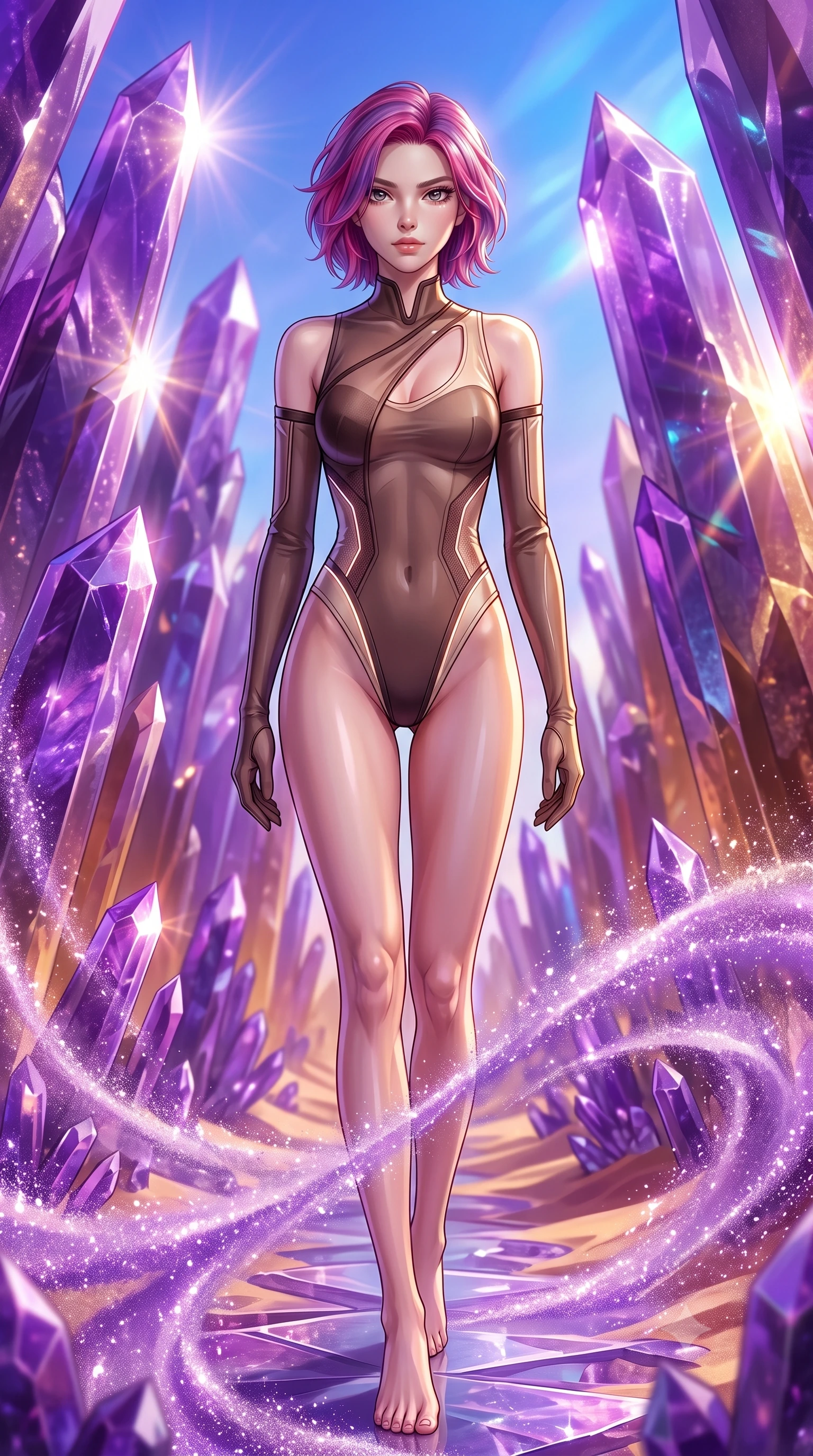 score_9, masterpiece, best quality, ultra-detailed, high-budget anime keyframe, editorial fashion photography, tasteful artistic composition, Caucasian woman. low angle full-body shot from head to toe showing her feet, filling the entire 9:16 vertical frame with her statuesque presence, stretching her vertical silhouette. navigating the luminous space with effortless poise, displaying her perfect model proportions walking through a canyon of purple amethyst spires scattering sunbursts, swirling gusts of fine purple crystal sand shimmering like diamond dust. She has an absolutely perfect, statuesque 8.5-heads proportion, an exceptionally tall and slender model-like female figure with impossibly long slender legs and an ultra-slim waist. sharp v-shaped jawline, high-bridge nose, intricate jewel-like eyes with depth, thick eyelashes, glossy lips with a natural sheen. wearing an asymmetrical high-cut tech-bodysuit with detached sleeves in espresso brown and warm cream, woven from fine semi-opaque sheer organza, accented with a Tasteful chest slit framing her clavicle gracefully, the glove-like fit emphasizing her statuesque silhouette. surrounded by an alien, majestic desert radiance. highly saturated vibrant anime colors, detailed shading with soft gradients, rich glossy textures, high-contrast stereoscopic depth, volumetric dynamic lighting, master piece, 9:16 ratio