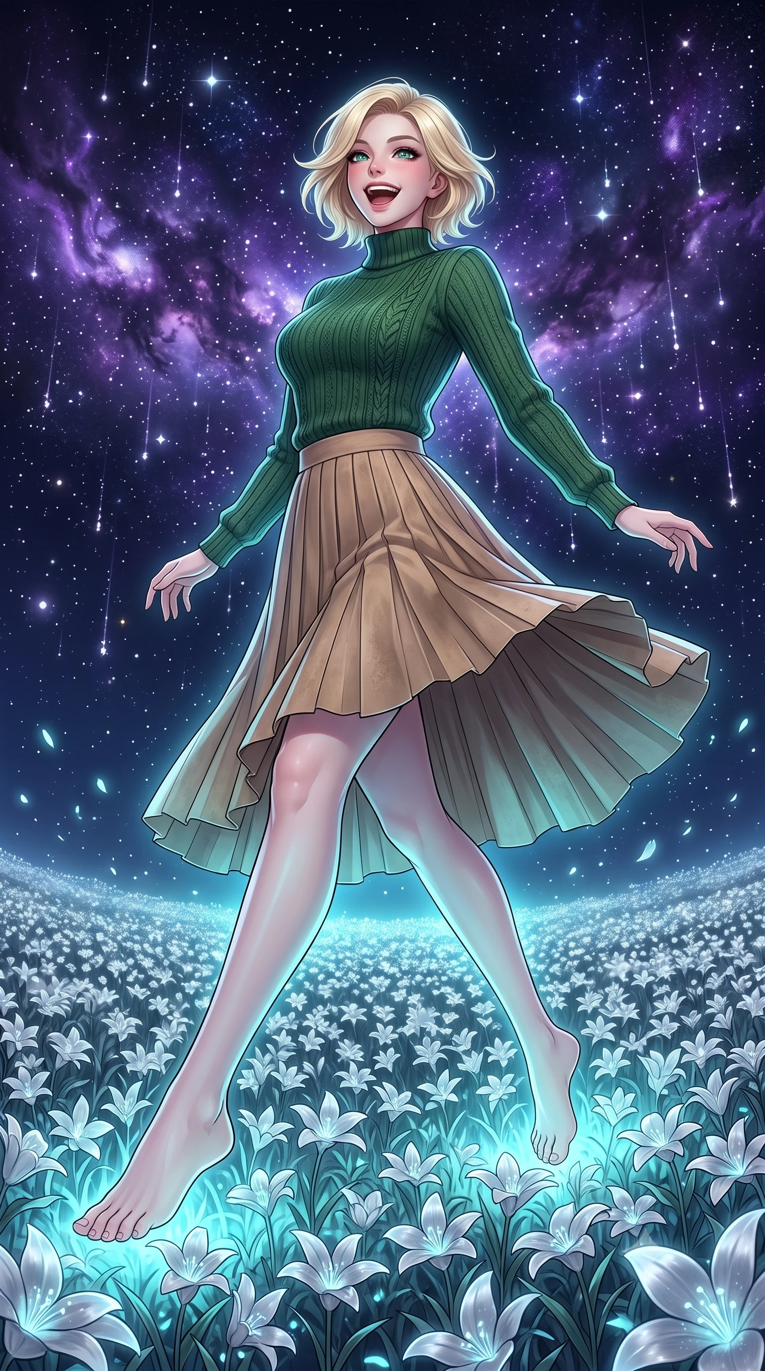 score_9, masterpiece, best quality, ultra-detailed, high-budget anime keyframe, editorial fashion photography, tasteful artistic composition, Caucasian woman, strictly human ears. low angle full-body shot from head to toe showing her feet, filling the entire 9:16 vertical frame with her statuesque presence, stretching her vertical silhouette. ascending with a radiant, excited smile through in an endless field of silver flowers swaying in the night breeze under a sky filled with glowing violet nebulae and falling stardust. She has a statuesque 8.5-heads proportion, an exceptionally tall, slender and willowy model-like build with impossibly long legs and a highly sculpted ultra-slim waist. sharp v-shaped jawline, high-bridge nose, intricate jewel-like eyes with depth, thick eyelashes, glossy lips with a natural sheen. wearing a high-neck forest green ribbed sweater paired with a beige suede midi skirt. soft aqua bioluminescent light making her skin luminously glow against darkness. 2k, ultra detail, master piece, 9:16 ratio