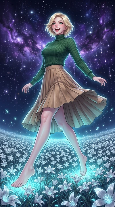 score_9, masterpiece, best quality, ultra-detailed, high-budget anime keyframe, editorial fashion photography, tasteful artistic composition, Caucasian woman, strictly human ears. low angle full-body shot from head to toe showing her feet, filling th