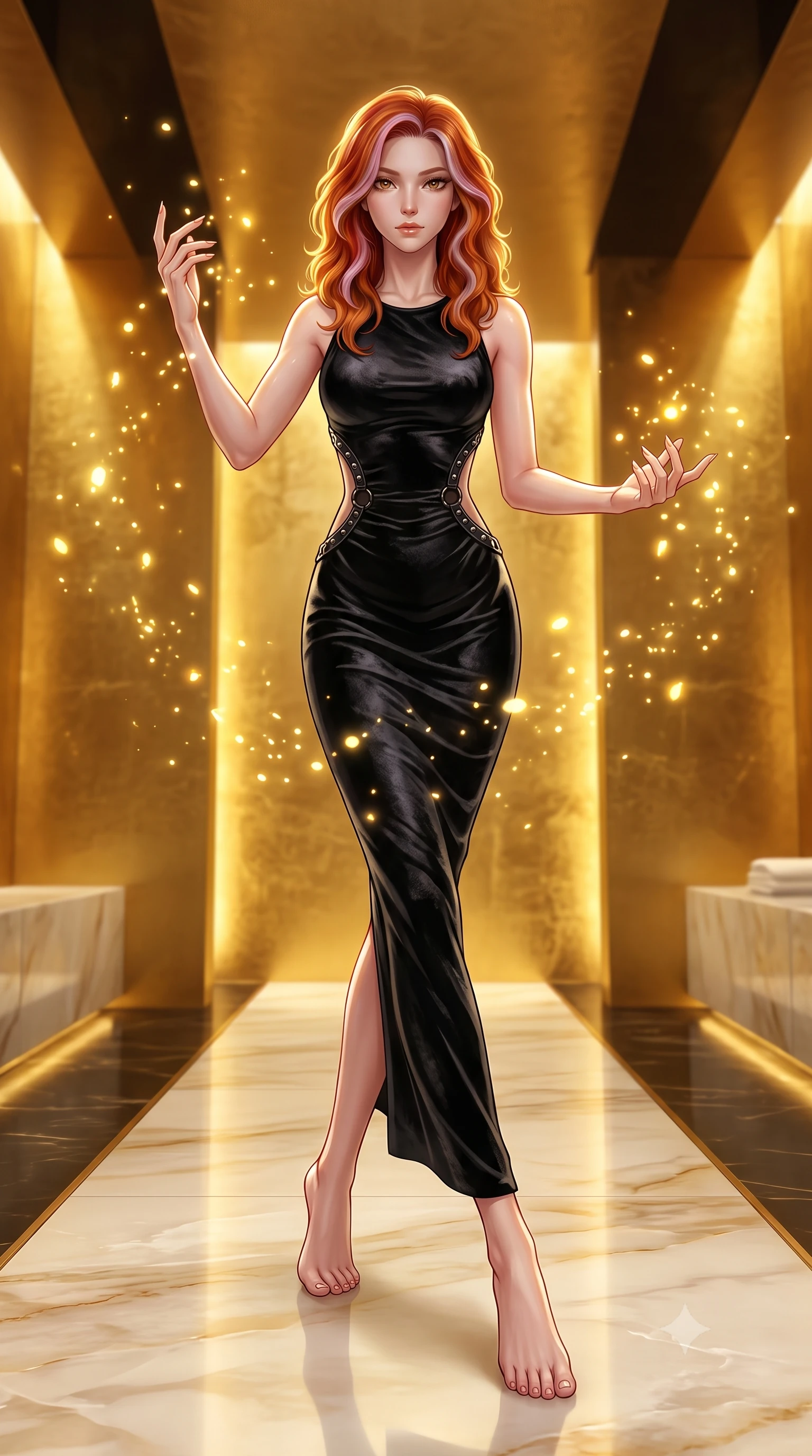 score_9, masterpiece, best quality, ultra-detailed, high-budget anime keyframe, editorial fashion photography, tasteful artistic composition, Caucasian woman. low angle full-body shot from head to toe showing her feet, filling the entire 9:16 vertical frame with her statuesque presence, stretching her vertical silhouette. interacting with glowing light particles, her long slender legs poised in motion, poised on an alabaster walkway surrounded by glowing gold leaf accent walls, ultra-luxurious spa aesthetic with high-fashion editorial execution. She has an absolutely perfect, statuesque 8.5-heads proportion, an exceptionally tall and slender model-like female figure with impossibly long slender legs and an ultra-slim waist. sharp v-shaped jawline, high-bridge nose, intricate jewel-like eyes with depth, thick eyelashes, glossy lips with a natural sheen. wearing fitted liquid mercury jersey maxi dress hugging every curve in pitch-black onyx, made of crushed dark silk velvet, trimmed with dark chrome ring hardware along the waist contours, contouring every curve with an exceptionally elegant silhouette. illuminated by warm golden spotlights reflecting off gold leaf walls. highly saturated vibrant anime colors, detailed shading with soft gradients, rich glossy textures, high-contrast stereoscopic depth, volumetric dynamic lighting, master piece, 9:16 ratio