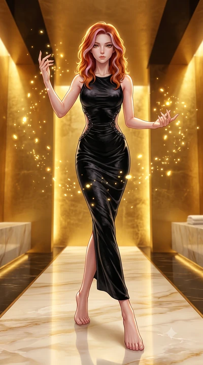 score_9, masterpiece, best quality, ultra-detailed, high-budget anime keyframe, editorial fashion photography, tasteful artistic composition, Caucasian woman. low angle full-body shot from head to toe showing her feet, filling the entire 9:16 vertica