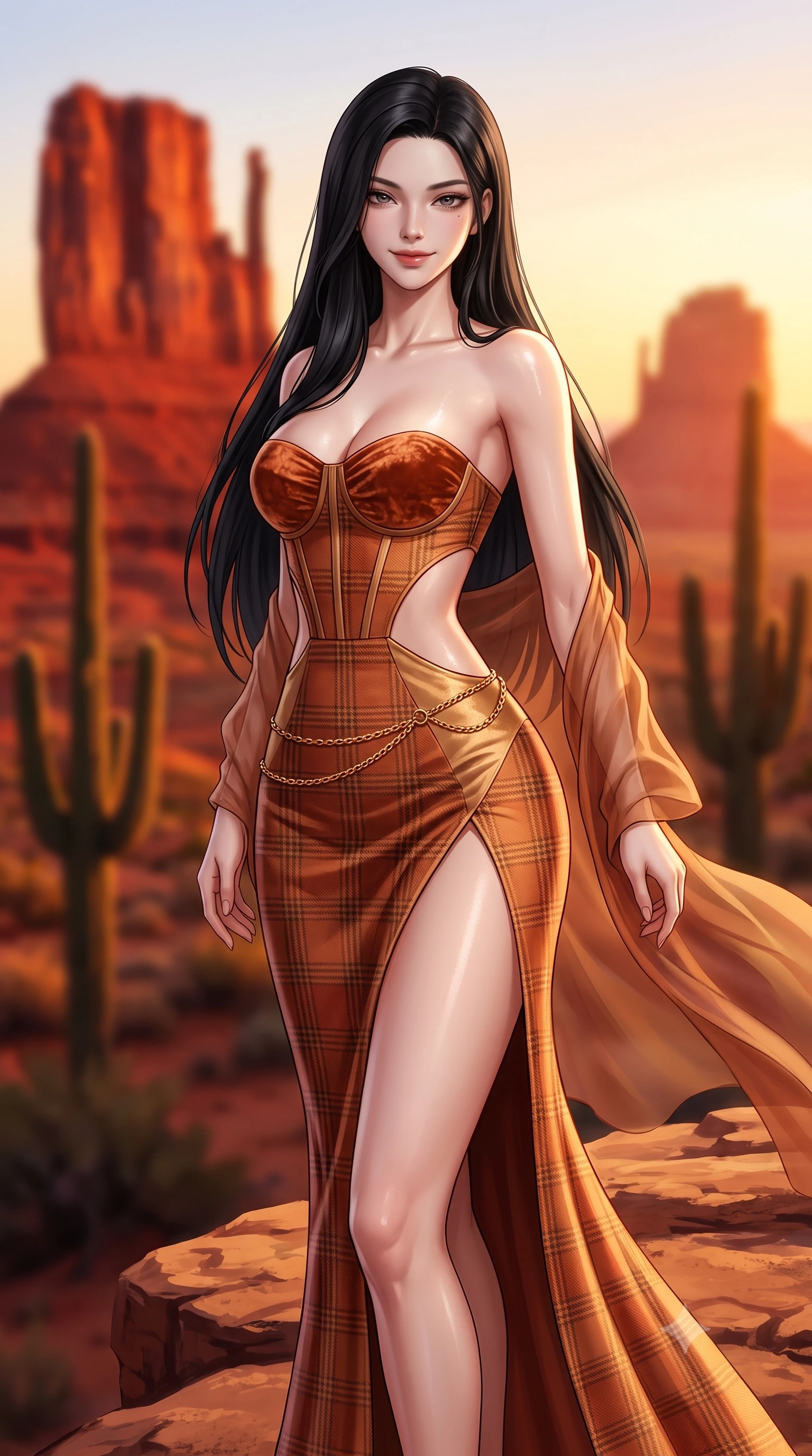score_9, masterpiece, best quality, ultra-detailed, high-budget anime keyframe, semi-realistic 3D game render, editorial fashion photography, tasteful artistic composition, Korean woman. close-up cowboy shot from the waist and thighs up, the character dominates the composition, filling the frame with her large presence. turning over a bare shoulder with an intoxicating, teasing smile, her soft hair framing her sharp jawline as her hips angle gracefully while standing poised on the canyon overlook rock ledge, the desert sunset wind fluttering her sheer wrap to reveal her long legs and narrow waist. The composition keeps background elements in soft focus with creamy bokeh. monumental crimson sandstone buttes and saguaro cactus silhouettes blurred into glowing terracotta, burnt orange, and desert-gold bokeh. She has an exceptionally elegant, slender, and willowy female figure with an ultra-slim waist, flat toned midriff, narrow ribcage, and sculpted feminine hips creating an alluring, slim hourglass silhouette without bulk. sharp v-shaped jawline, high-bridge nose, intricate jewel-like eyes with depth, thick eyelashes, glossy parted lips with a natural sheen, intensely captivating and seductive bedroom-eyes expression, flawlessly proportioned anatomical accuracy, strict slender model proportions, natural body alignment, perfectly sculpted long slender limbs, ultra-slim waistline, clean dynamic posture without body distortion. wearing a tailored tartan-wool and crushed-velvet corseted gala gown with an architectural open-waist cutout and high-cut thigh slit in desert terracotta copper and sun-baked sand gold, tailored from water-resistant treated wool gabardine and flexible stretch silk, accented with a delicate gold chain belt resting loosely on her curvy hips, the form-contouring material adhering flawlessly to her sculpted flat midriff and slender torso, emphasizing her long leg lines and perfectly proportioned willowy build. illuminated by wet specular pool highlights accentuating her slender neckline, sculpted waist, and rounded hips. highly saturated vibrant anime colors, detailed shading with soft gradients, rich glossy textures, high-contrast stereoscopic depth, volumetric dynamic lighting, master piece, 9:16 ratio