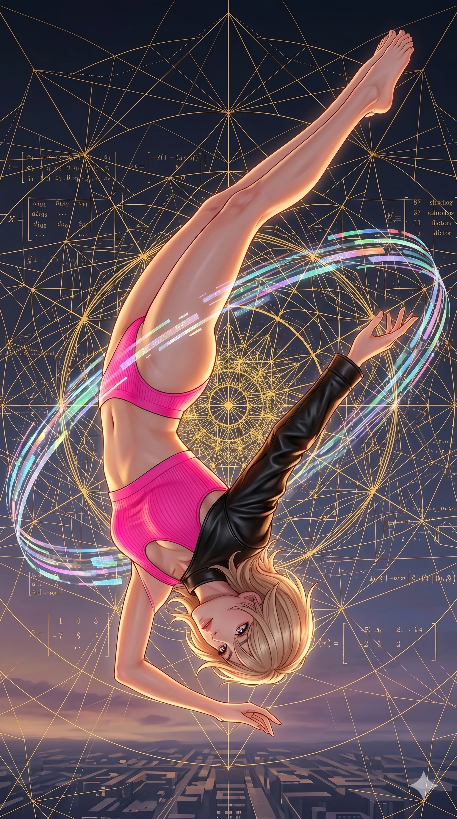 score_9, masterpiece, best quality, ultra-detailed, high-budget anime keyframe, editorial fashion photography, tasteful artistic composition, Japanese woman. low angle full-body shot from head to toe showing her feet, filling the entire 9:16 vertical frame with her statuesque presence, stretching her vertical silhouette. performing an aerial flip over in a mathematical mandala void filled with golden geometric lines of complex formulas as floating holographic data ribbons swirl in a graceful orbit. She has an absolutely perfect 8-heads proportion, an exceptionally tall and slender female figure with impossibly long slender legs and an ultra-slim waist. V-shaped jawline, high-bridge nose, intricate jewel-like eyes with depth, thick eyelashes, glossy lips with a natural sheen.. wearing a vivid neon-pink ribbed athletic top with bold structural shoulders and a cropped single-sleeve black leather shrug. bathed in warm sunset rays that create a soft gold glow along her slender athletic build. 2k, ultra detail, master piece, 9:16 ratio