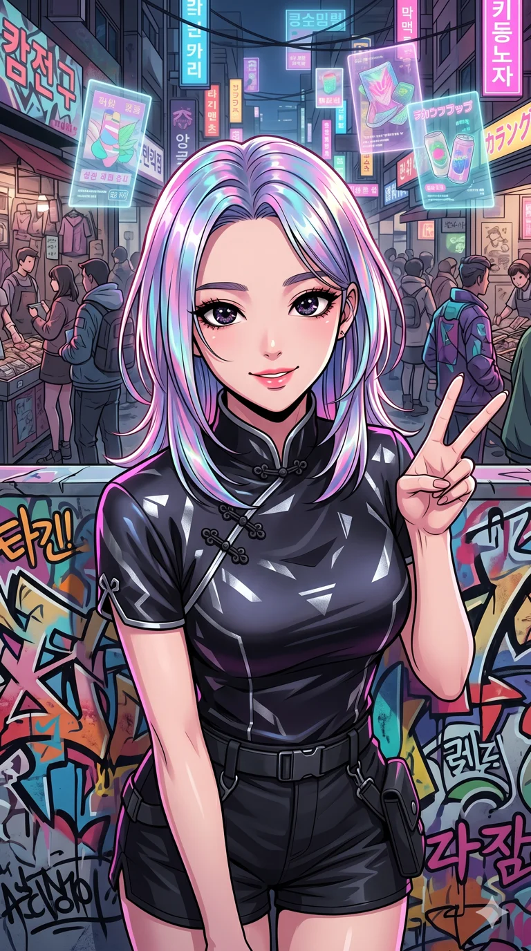 score_9, masterpiece, best quality, ultra-detailed, high-budget anime keyframe, vibrant colors and expressive line art, an incredibly beautiful Korean woman. Medium shot of upper body focusing on her alluring and cute features and her metallic holographic hair that reflects a spectrum of colors with every movement, filling the vertical 9:16 frame. She is posing with a peace sign in front of a colorful graffiti wall. She has a sharp v-shaped jawline, high-bridge nose, intricate jewel-like eyes, thick eyelashes, and glossy lips. She possesses an absolutely perfect 8-heads proportion and a slim-fit silhouette. She is wearing a silk qipao-inspired modern top with a dangerously high side slit, highlighting her alluring silhouette. a busy cyberpunk marketplace with floating holographic advertisements, dramatic rim lighting, cinematic shadows, 2k, ultra detail, master piece, 9:16 ratio