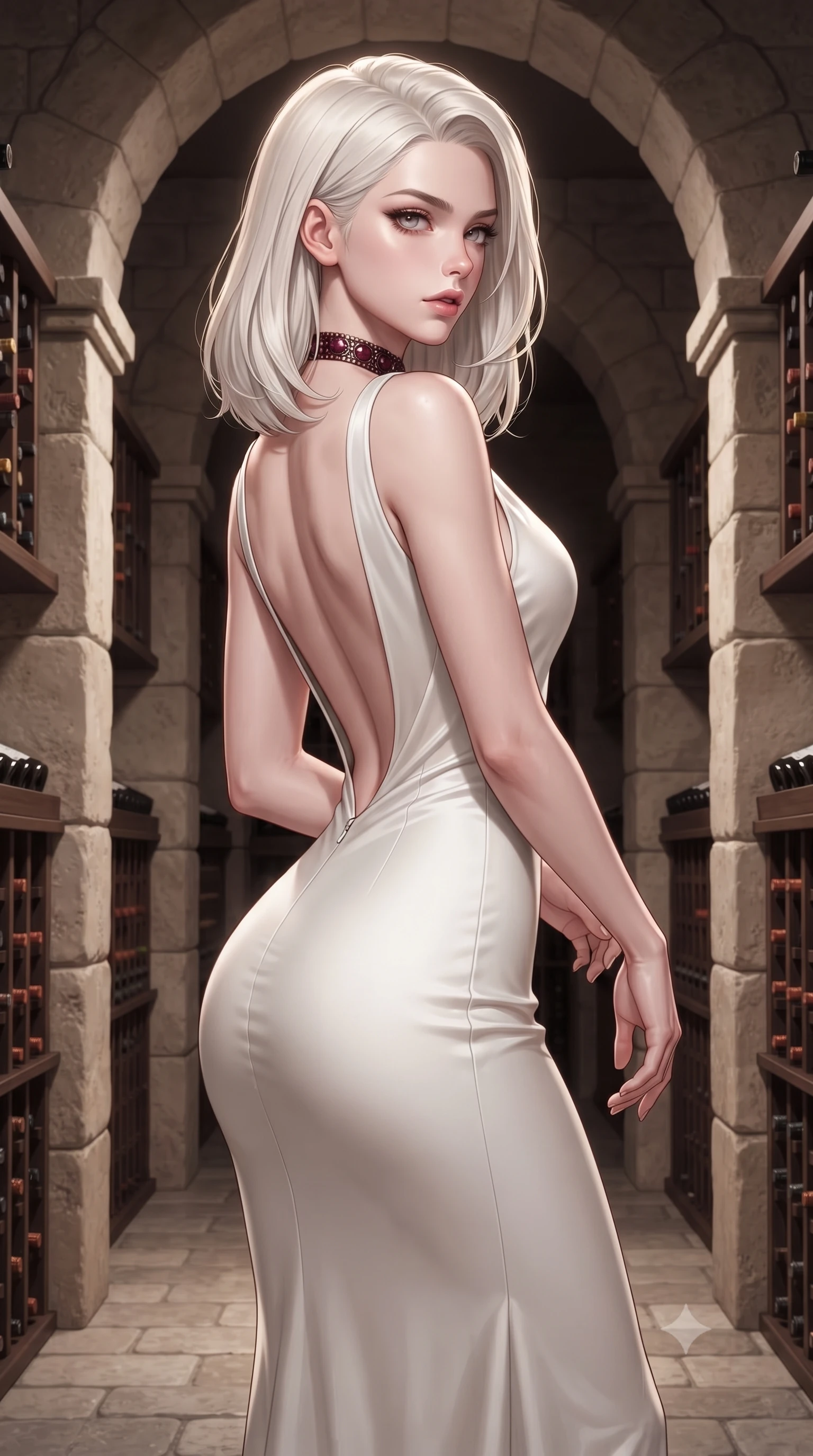 score_9, masterpiece, best quality, ultra-detailed, high-budget anime keyframe, editorial fashion photography, tasteful artistic composition, Caucasian woman. close-up cowboy shot from the waist and thighs up, the character dominates the composition, filling the frame with her large presence. twisting her slender torso in a deep contrapposto stance, hips dramatically shifted to accentuate her feminine curves while looking past her shoulder with smoldering bedroom-eyes while standing poised between towering limestone arches and dusty vintage wine racks, twisting her torso in a deep contrapposto stance to display her feminine hourglass curves. The surrounding environment is rendered in vivid detail and crisp panoramic clarity. detailed vintage wine label typography, crystal glass facets, and cobblestone floor reflections in high clarity. She has an exceptionally elegant, slender, and willowy female figure with an ultra-slim waist, a gracefully sculpted slender torso, toned flat midriff, and rounded feminine hips creating an alluring hourglass silhouette. sharp v-shaped jawline, high-bridge nose, intricate jewel-like eyes with depth, thick eyelashes, glossy parted lips with a natural sheen, intensely captivating and seductive bedroom-eyes expression, flawlessly proportioned anatomical accuracy, strict slender model proportions, natural body alignment, perfectly sculpted long slender limbs, ultra-slim waistline, clean dynamic posture without body distortion. wearing a liquid-silk jersey evening gown with an ultra-deep plunging open back descending to the base of her spine and a sculpted hip-hugging skirt in pure alabaster white and antique brass accents, made of fluid silk crepe with delicate inner corsetry boning, complemented by a bold antique garnet choker and sparkling cocktail ring, the precision-cut side openings and low-back scoop framing her graceful spine and the sensual sweep of her hips. illuminated by rich specular rim lights defining her razor-sharp jawline, narrow waist, and curvy hips. ultra-reflective glossy finish, specular highlights, rich textural contrasts, high-contrast stereoscopic depth, volumetric dynamic lighting, 2k, ultra detail, master piece, 9:16 ratio