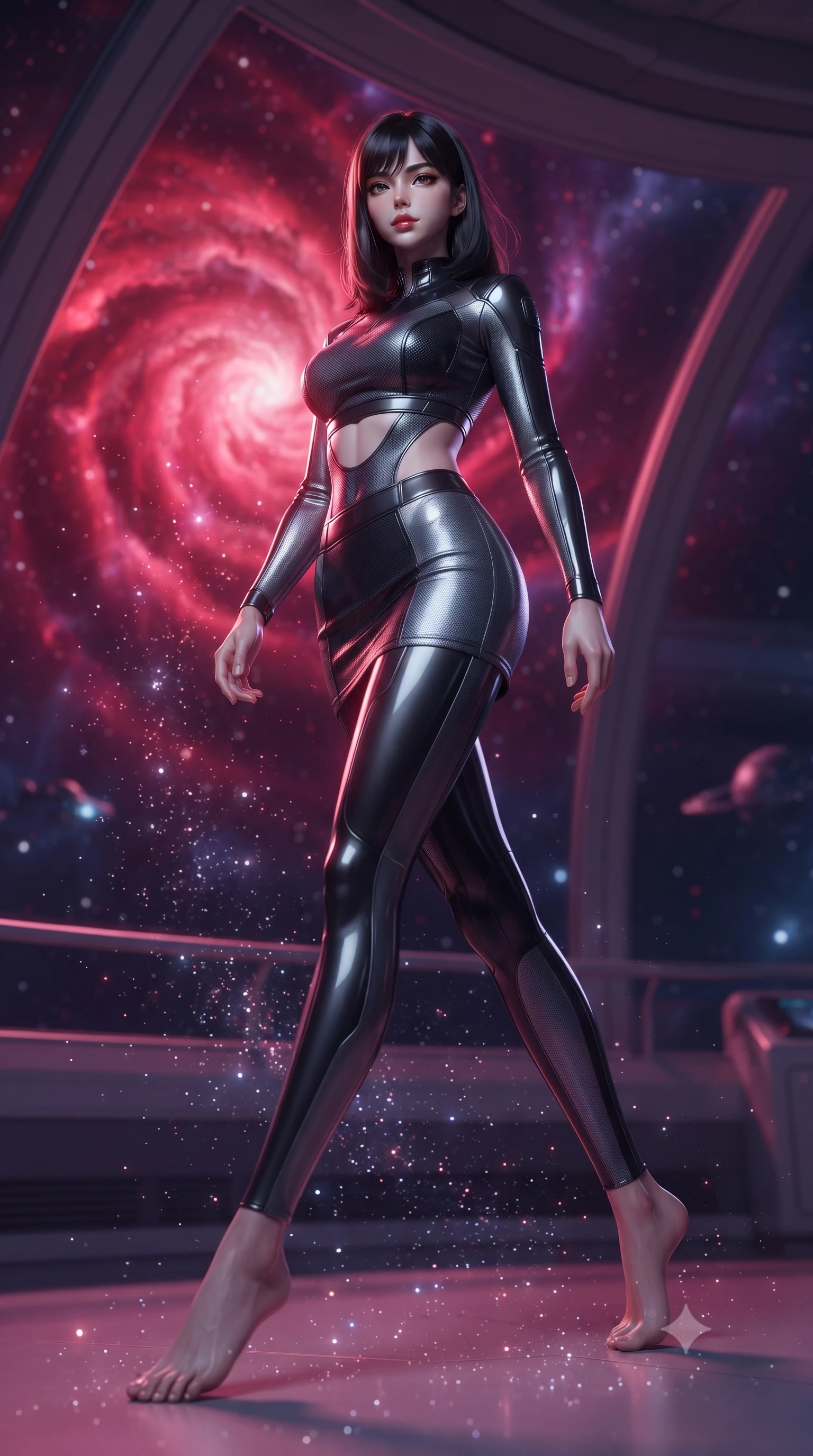 score_9, masterpiece, best quality, ultra-detailed, high-budget anime keyframe, editorial fashion photography, tasteful artistic composition, Korean woman. low angle full-body shot from head to toe showing her feet, filling the entire 9:16 vertical frame with her statuesque presence, stretching her vertical silhouette. stepping gracefully through floating stardust particles, her body-contouring suit showing her athletic, slender silhouette, the background shows a soft-focus a space cruiser dome balcony looking at a massive crimson cosmic nebula. She has an absolutely perfect, statuesque 8.5-heads proportion, an exceptionally tall and slender model-like female figure with impossibly long slender legs and an ultra-slim waist. sharp v-shaped jawline, high-bridge nose, intricate jewel-like eyes with depth, thick eyelashes, glossy lips with a natural sheen. wearing a body-hugging modern carbon-alloy crop top paired with a low-rise tactical skirt and a subtle waist cut-out. deep crimson and violet nebula gas light painting the room in a cosmic wash. ultra-reflective glossy finish, specular highlights, metallic sheen, high-contrast stereoscopic depth, volumetric dynamic lighting, 2k, ultra detail, master piece, 9:16 ratio