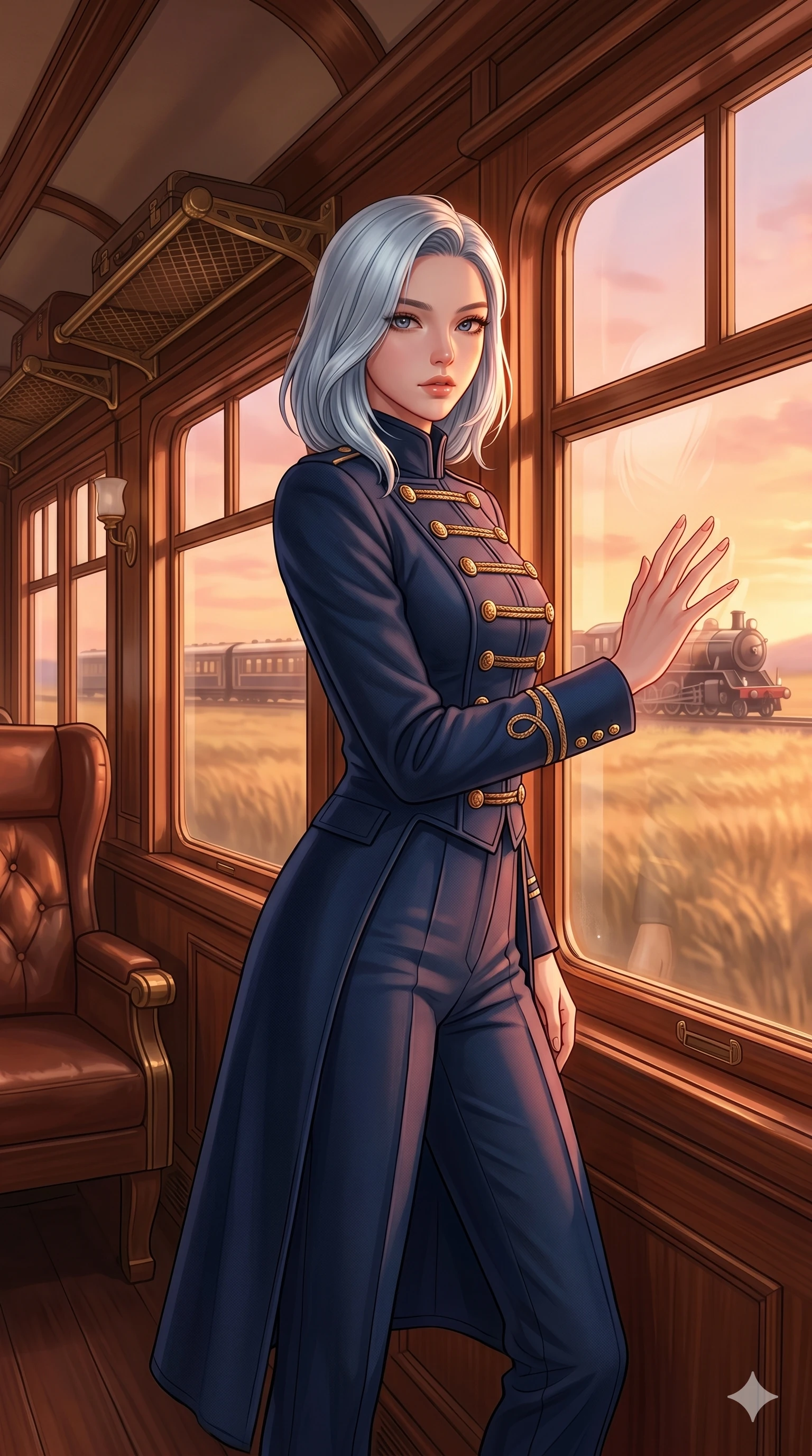 score_9, masterpiece, best quality, ultra-detailed, high-budget anime keyframe, editorial fashion photography, tasteful artistic composition, Korean woman. cowboy shot from the thighs up, character and outfit filling the frame for maximum editorial presence. resting one hand on the glass pane, looking toward the camera with a slow, hypnotic gaze inside a luxury train cabin with vintage wood paneling and large windows (Code-P17-028). She has an absolutely perfect 8-heads proportion, an exceptionally tall and slender female figure with impossibly long slender legs and an ultra-slim waist. V-shaped jawline, high-bridge nose, intricate jewel-like eyes with depth, thick eyelashes, glossy lips with a natural sheen. wearing a structured high-neck military-style coat with gold buttons and long trousers. bathed in warm, golden sunset light, casting a beautiful orange-pink glow on her skin. 2k, ultra detail, master piece, 9:16 ratio