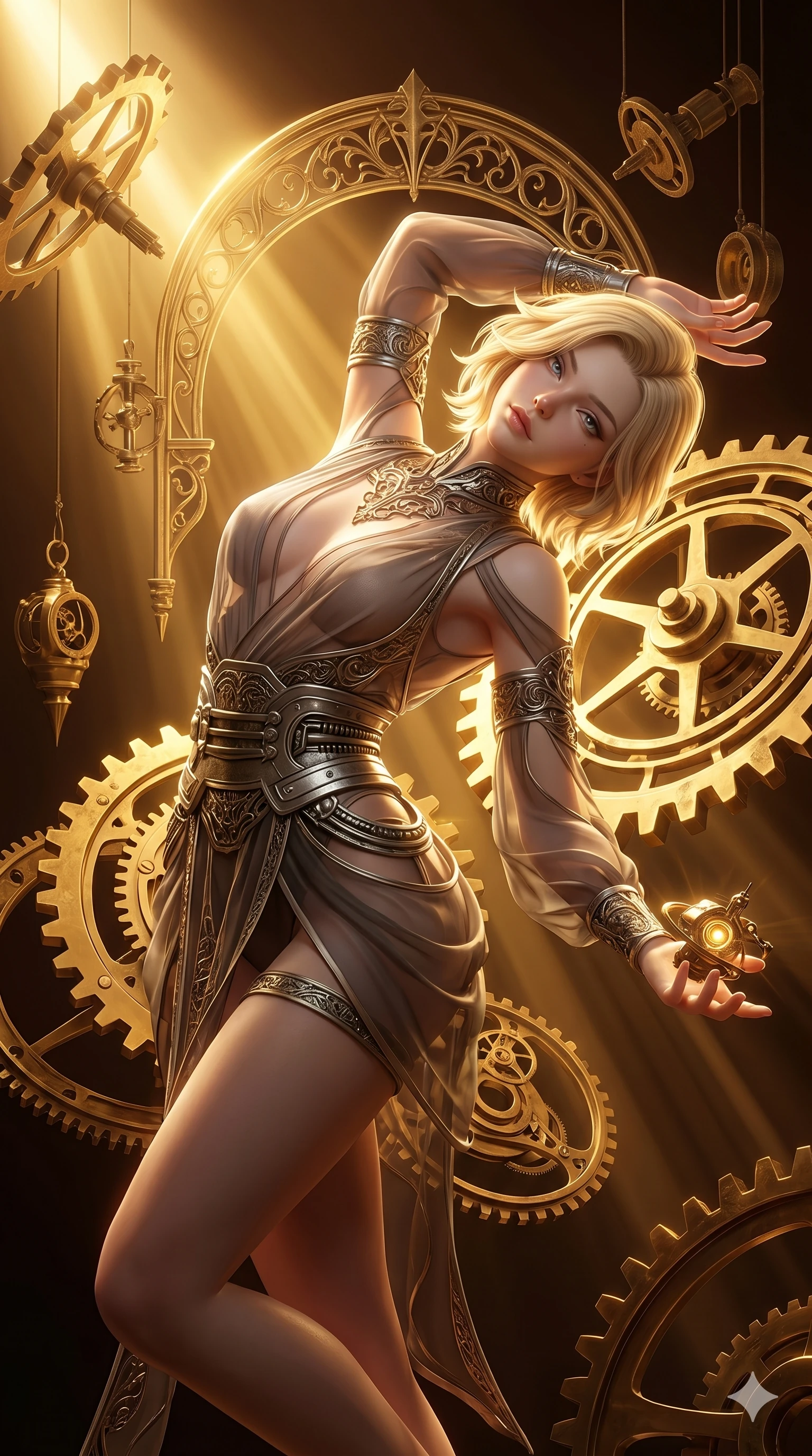 score_9, masterpiece, best quality, ultra-detailed, high-budget anime keyframe, semi-realistic 3D game render, Caucasian woman, strictly human ears. Upper body close-up from the thighs up, character filling the screen for maximum presence. She is intertwined with massive floating gold gears and clockwork mechanisms suspended in a void. She arches her spine backwards, looking at the camera with a dreamy, sensual gaze. She has an absolutely perfect 8-heads proportion, an exceptionally tall and slender female figure with impossibly long slender legs and an ultra-slim waist. V-shaped jawline, high-bridge nose, intricate jewel-like eyes with depth, thick eyelashes, glossy lips with a natural sheen. She is wearing a shortened cyber-fusion wrap top with transparent chiffon panels, a deep crossover neckline, and a high-waisted metallic sash that accentuates her ultra-slim waist. The scene is illuminated by warm, blindingly bright golden spotlights and sharp volumetric light rays. 2k, ultra detail, master piece, 9:16 ratio