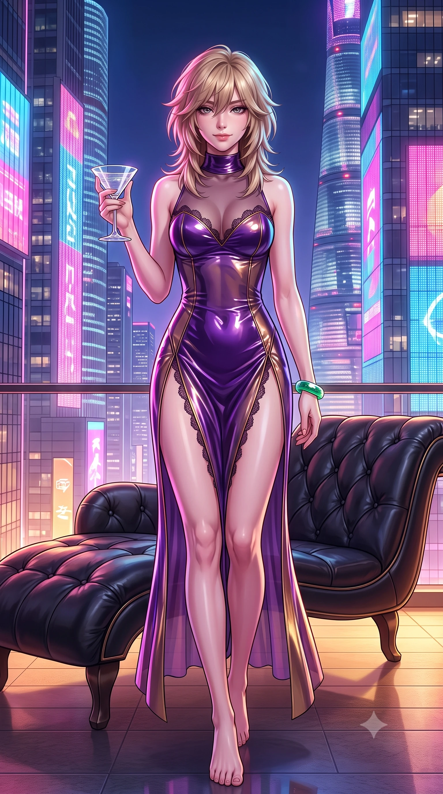 score_9, masterpiece, best quality, ultra-detailed, high-budget anime keyframe, semi-realistic 3D game render, editorial fashion photography, tasteful artistic composition, Japanese woman. low angle full-body shot from head to toe showing her feet, filling the entire 9:16 vertical frame with her statuesque presence, stretching her vertical silhouette. stepping slowly toward the camera with hypnotic grace, hips swaying in an alluring sensual rhythm that accentuates her curvy hourglass silhouette and long slender legs while lounging gracefully on the outdoor black leather chaise with legs extended, holding a crystal cocktail glass with effortless high-fashion cool. The surrounding environment is rendered in vivid detail and crisp panoramic clarity: detailed modern cheongsam-cut sheer mesh dress with high mandarin collar and daring hip-high double slits, jade bracelet gleam, and penthouse engineering in razor-sharp precision. She has an absolutely perfect, statuesque 8.5-heads proportion, an exceptionally tall and slender model-like female figure with impossibly long slender legs, an ultra-slim waist, a flat toned midriff, narrow delicate ribcage, and beautifully sculpted feminine hips creating a graceful, slim hourglass silhouette without any bulky heaviness. sharp v-shaped jawline, high-bridge nose, sparkling eyes with hypnotic seductive depth, thick curled eyelashes, glossy parted lips with a natural dewy peach sheen, alluring bedroom-eyes with an enchanting coquettish smile, exuding magnetic siren charisma and sophisticated glamour, flawlessly proportioned anatomical accuracy, strict slender model proportions, natural body alignment, perfectly sculpted long slender limbs, ultra-slim waistline, clean dynamic posture without body distortion. wearing a provocative high-neck sheer illusion cocktail dress with liquid satin ribbons contouring her curves in royal amethyst purple and gilded bronze, crafted from wet-look high-gloss vinyl fabric with dazzling specular surface reflections, finished with scalloped eyelash lace trim framing her sweetheart neckline with intimate elegance, the form-contouring silhouette accentuating her sculpted flat midriff, narrow delicate ribcage, and gracefully curvy hips with intoxicating allure. bathed in dynamic multi-color saturated neon spill from towering Pudong LED facades mixed with warm terrace floor uplighting. highly saturated vibrant anime colors, detailed shading with soft gradients, rich glossy textures, high-contrast stereoscopic depth, volumetric dynamic lighting, master piece, 9:16 ratio