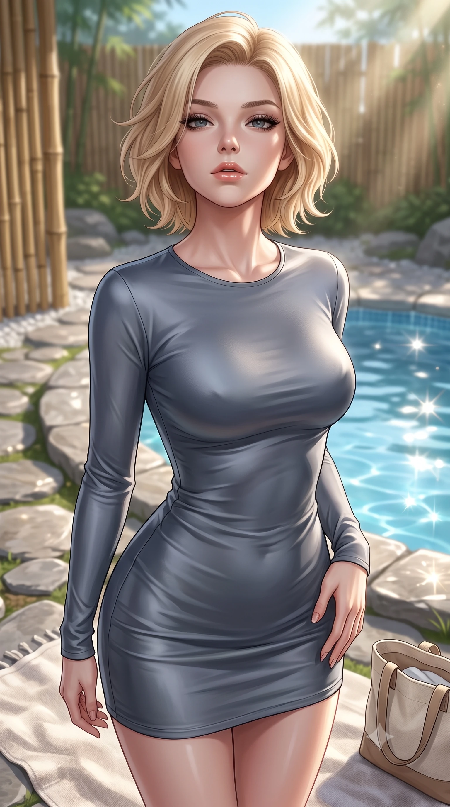 score_9, masterpiece, best quality, ultra-detailed, high-budget anime keyframe, editorial fashion photography, tasteful artistic composition, Caucasian woman. close-up cowboy shot from the waist and thighs up, the character dominates the composition, filling the frame with her large presence, background elements kept in soft focus. tilting her chin up with a composed yet magnetic gaze under long dark eyelashes set against a soft-focus background of in a peaceful wellness spa garden with bamboo partitions and stone pathways with a soft linen beach towel and a cute canvas tote bag nearby. She has an exceptionally elegant, slender, and willowy female figure with an ultra-slim waist, a gracefully sculpted slender torso, and a refined silhouette. sharp v-shaped jawline, high-bridge nose, intricate jewel-like eyes with depth, thick eyelashes, glossy lips with a natural sheen. wearing tailored body-hugging long-sleeve silk dress in slate grey, following her form elegantly. fresh morning sun rays creating sparkling glints on the blue pool water. ultra-reflective glossy finish, specular highlights, metallic sheen, high-contrast stereoscopic depth, volumetric dynamic lighting, 2k, ultra detail, master piece, 9:16 ratio