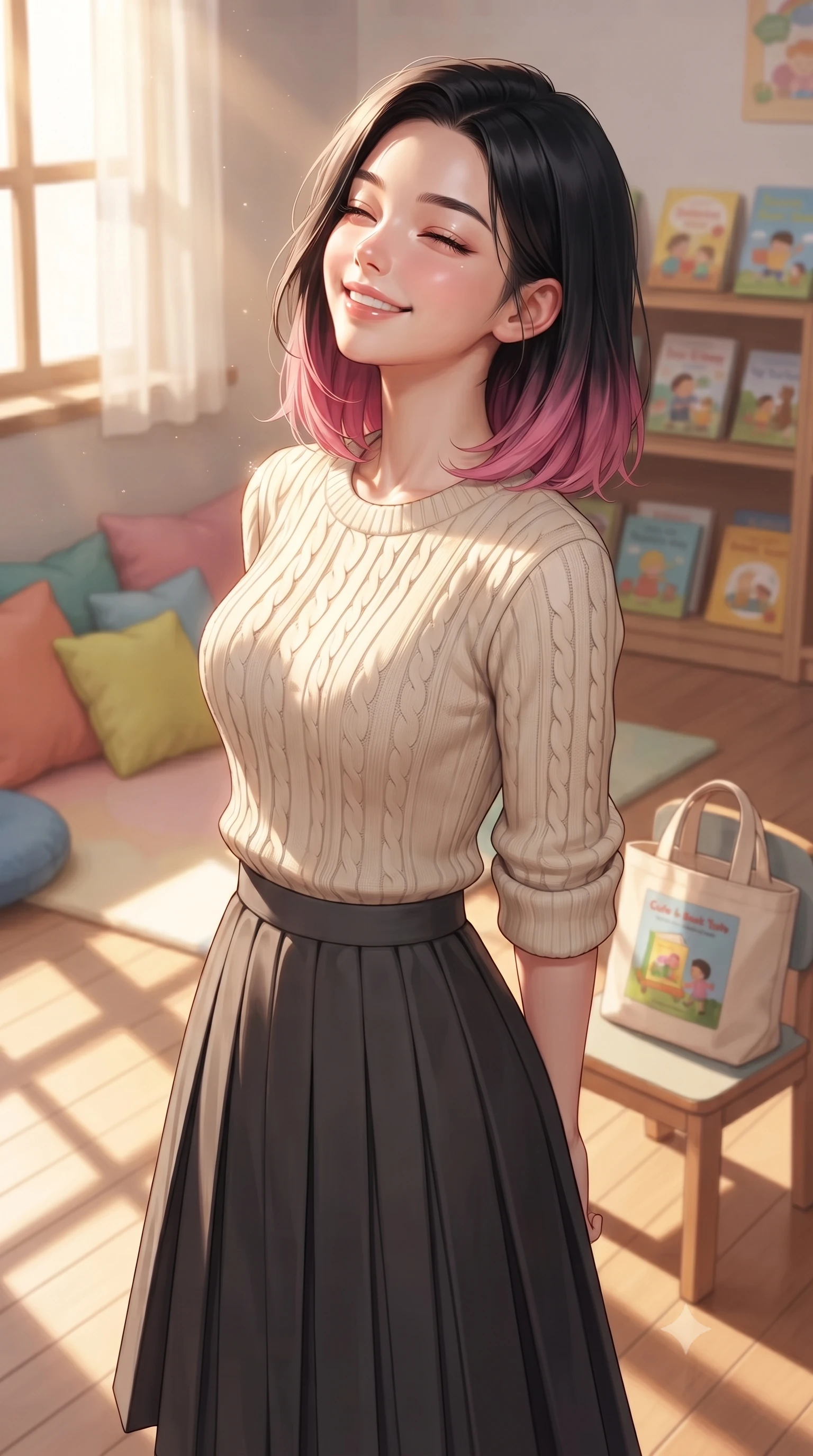 score_9, masterpiece, best quality, ultra-detailed, high-budget anime keyframe, editorial fashion photography, tasteful artistic composition, Korean woman. close-up cowboy shot from the waist and thighs up, the character dominates the composition, filling the frame with her large presence, background elements kept in soft focus. smiling happily with closed eyes, enjoying the warm sunbeams on her face set against a soft-focus background of in a neighborhood library children's corner with colorful pillows and low shelves with a cute canvas book tote bag sitting on the chair next to her. She has an exceptionally elegant, slender, and willowy female figure with an ultra-slim waist, a gracefully sculpted slender torso, and a refined silhouette. sharp v-shaped jawline, high-bridge nose, intricate jewel-like eyes with depth, thick eyelashes, glossy lips with a natural sheen. wearing form-contouring preppy cable-knit sweater in cream, paired with a pleated midi skirt in charcoal. soft morning sunbeams casting long shadows of window frames on the floor. ultra-reflective glossy finish, specular highlights, metallic sheen, high-contrast stereoscopic depth, volumetric dynamic lighting, 2k, ultra detail, master piece, 9:16 ratio