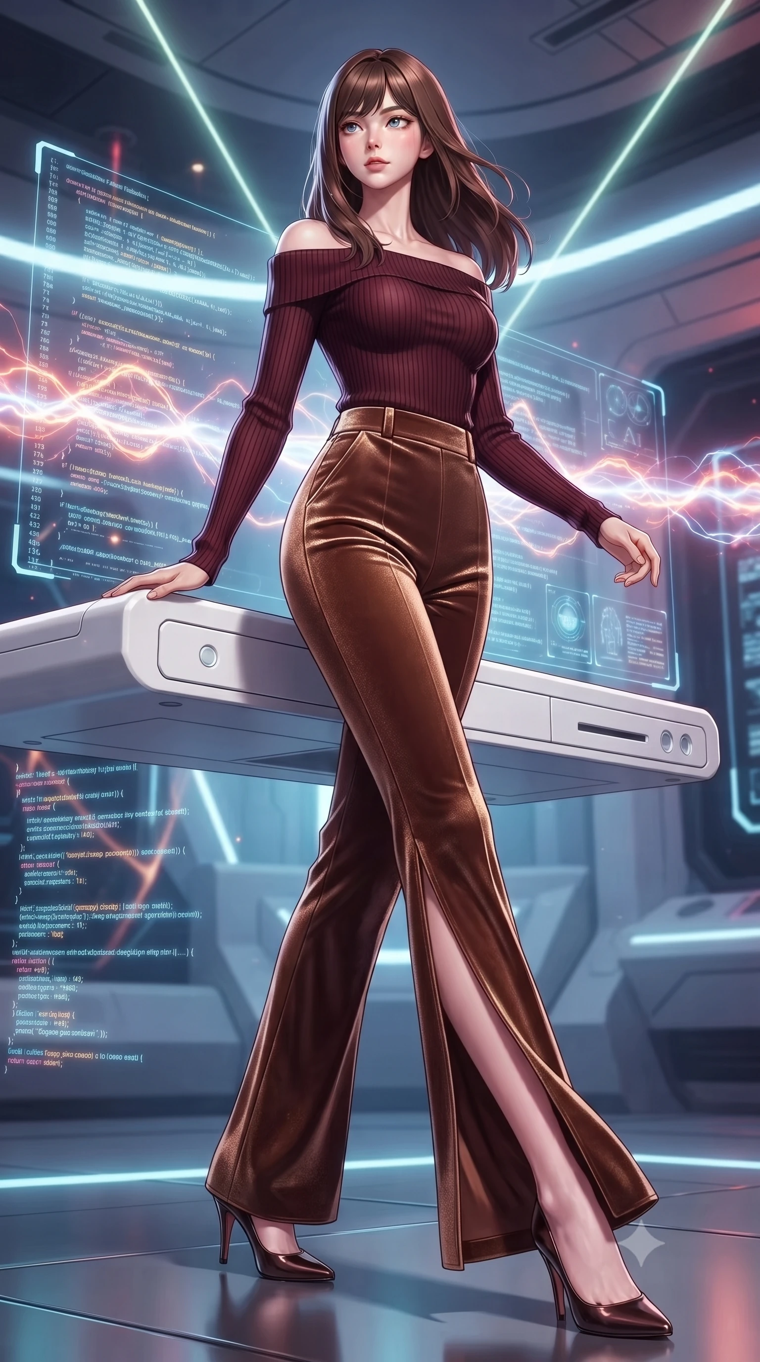 score_9, masterpiece, best quality, ultra-detailed, high-budget anime keyframe, editorial fashion photography, tasteful artistic composition, Korean woman. low angle full-body shot from head to toe showing her feet, filling the entire 9:16 vertical frame with her statuesque presence, stretching her vertical silhouette. stepping forward with proud posture, filling the vertical frame with her magnetic presence resting on a sleek white floating console amidst glowing code streams, glowing plasma arcs pulsating rhythmically in the background. She has an absolutely perfect, statuesque 8.5-heads proportion, an exceptionally tall and slender model-like female figure with impossibly long slender legs and an ultra-slim waist. sharp v-shaped jawline, high-bridge nose, intricate jewel-like eyes with depth, thick eyelashes, glossy lips with a natural sheen. wearing a sleek off-shoulder ribbed knit top paired with high-waist tailored pants in deep burgundy and bronze, made of premium stretch velvet with a rich sheen, finished with a sleek side slit ascending to mid-thigh, the elegant draped fit framing her graceful clavicle and slender torso. lit by bright volumetric laser beams and soft specular highlights. highly saturated vibrant anime colors, detailed shading with soft gradients, rich glossy textures, high-contrast stereoscopic depth, volumetric dynamic lighting, master piece, 9:16 ratio