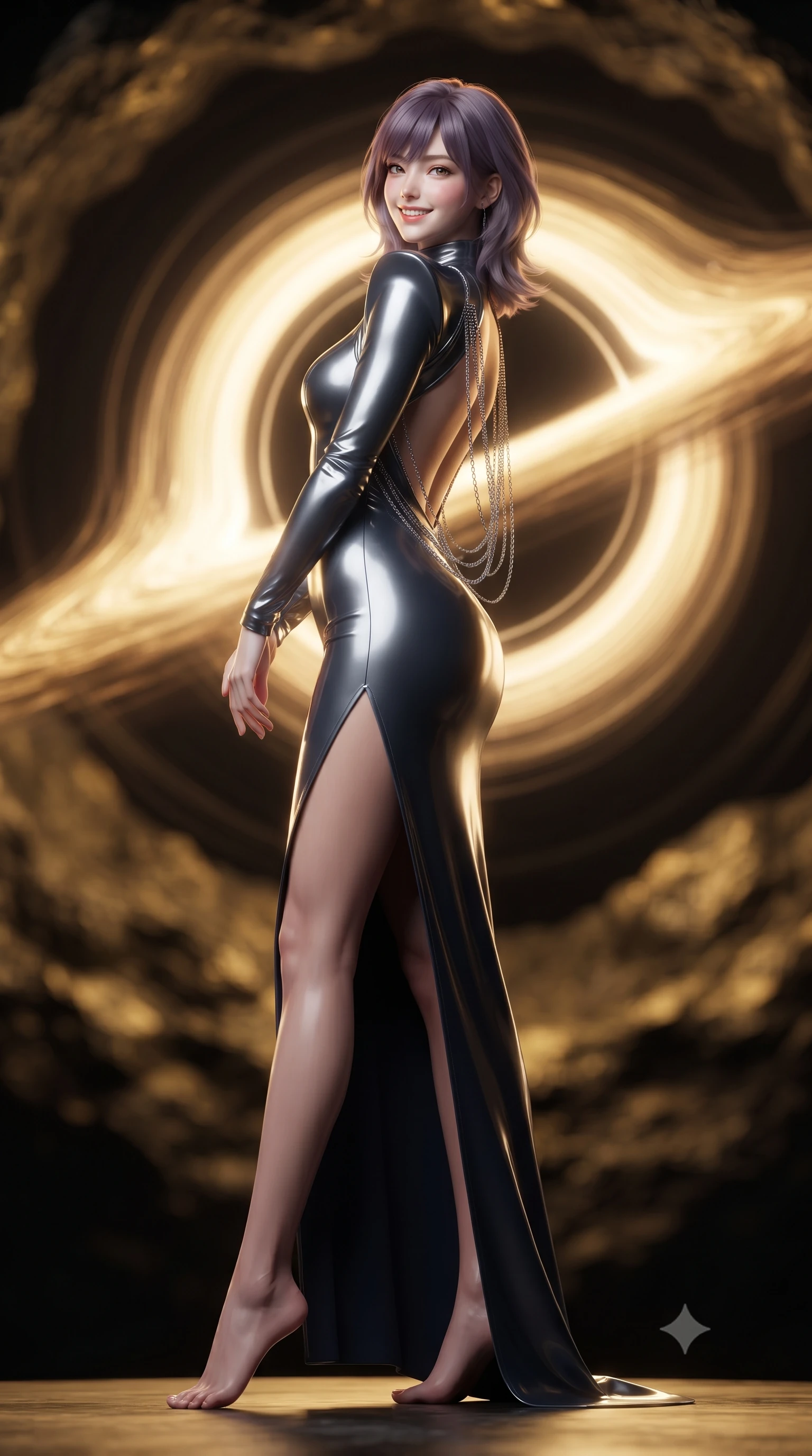score_9, masterpiece, best quality, ultra-detailed, high-budget anime keyframe, editorial fashion photography, tasteful artistic composition, Japanese woman. low angle full-body shot from head to toe showing her feet, filling the entire 9:16 vertical frame with her statuesque presence, stretching her vertical silhouette. posing in a classic haute-couture S-curve stance beside the floor-to-ceiling window, looking over a bare shoulder with magnetic presence while standing poised on the magnetic suspension bridge inside the hollow asteroid, arching her back with siren allure as a captured micro-black hole pulses with golden synchrotron radiation rings. The background shows a soft-focus swirling golden accretion disk of micro-black hole, curving gravitational lensing photon rings, and dark asteroid rock blurred into gold, amber, and jet-black bokeh. She has an exceptionally tall and slender model-like 8.5-heads proportion, an ultra-slim waist, a flat toned midriff, narrow delicate ribcage, and beautifully sculpted feminine hips creating a graceful, slim hourglass silhouette without any bulky heaviness, with impossibly long slender legs. sharp v-shaped jawline, high-bridge nose, intricate jewel-like sparkling eyes with depth, thick eyelashes, glossy parted lips with a natural peach sheen, bright cheerful beaming smile with an enchanting and coquettish sensual glint, exuding both youthful cute charm and seductive allure, flawlessly proportioned anatomical accuracy, strict slender model proportions, natural body alignment, perfectly sculpted long slender limbs, ultra-slim waistline, clean dynamic posture without body distortion. wearing a body-hugging liquid mercury jersey combat gown with high mock neck and structured shoulder pads clinging flawlessly to her silhouette in tactical carbon navy and polished chrome, crafted from bespoke double-faced cashmere with an exceptionally soft tactile finish, accented with an open-back drape framed by falling strands of delicate chrome chains, the glove-like clinging cut tightly following the natural contour of her hips and long slender legs with youthful 8.5-heads elegance. illuminated by titanium bridge reflection bounce and sharp relativistic gold rim lights sculpting her razor-sharp jawline, narrow waist, and curvy hips. ultra-reflective glossy finish, specular highlights, rich textural contrasts, high-contrast stereoscopic depth, volumetric dynamic lighting, 2k, ultra detail, master piece, 9:16 ratio