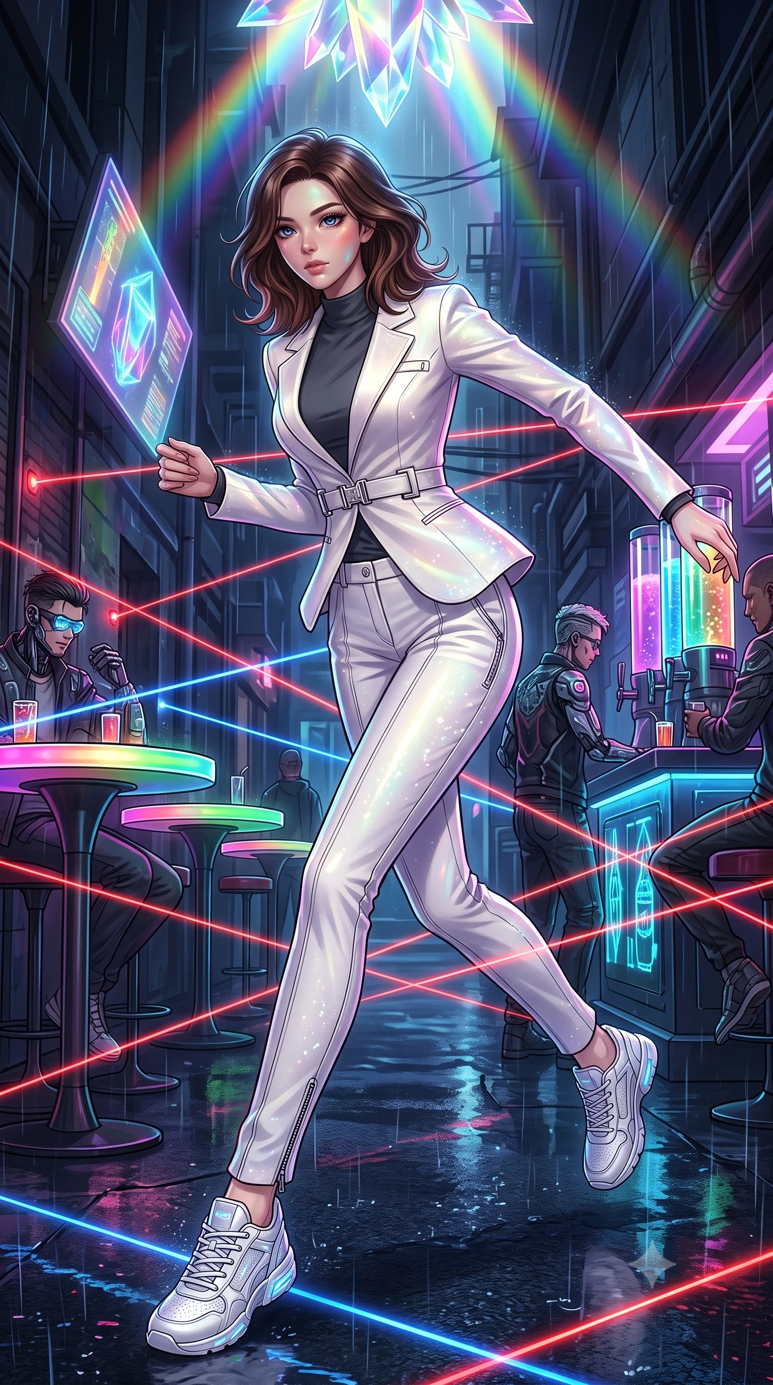 score_9, masterpiece, best quality, ultra-detailed, high-budget anime keyframe, editorial fashion photography, tasteful artistic composition, Korean woman. low angle full-body shot from head to toe showing her feet, filling the entire 9:16 vertical frame with her statuesque presence, stretching her vertical silhouette. dashing through rain-slicked cyberpunk alleyways, dodging laser tripwires with fluid agility through a dark bar catering to cybernetic mercenaries, featuring glowing tables and neon drink dispensers. She has a statuesque 8.5-heads proportion, an exceptionally tall, slender and willowy model-like build with impossibly long legs and a highly sculpted ultra-slim waist. sharp v-shaped jawline, high-bridge nose, intricate jewel-like eyes with depth, thick eyelashes, glossy lips with a natural sheen. wearing catching and diffusing the glowing particles, shimmering softly in response to the surrounding light, a body-hugging tailored ivory tech-blazer featuring sleek silver hardware buckles, worn closed over a high-neck charcoal top and white tailored slacks. highly saturated vibrant anime colors, intense vivid color palette, soft 3D volumetric shading, volumetric dynamic lighting, cascading rainbow prismatic light refracting through crystal formations overhead. 2k, ultra detail, master piece, 9:16 ratio